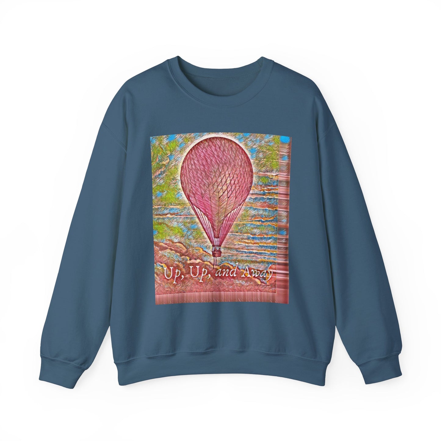 Front view of the "Up, Up, and Away" pink hot air balloon sweatshirt in indigo blue, featuring a whimsical design