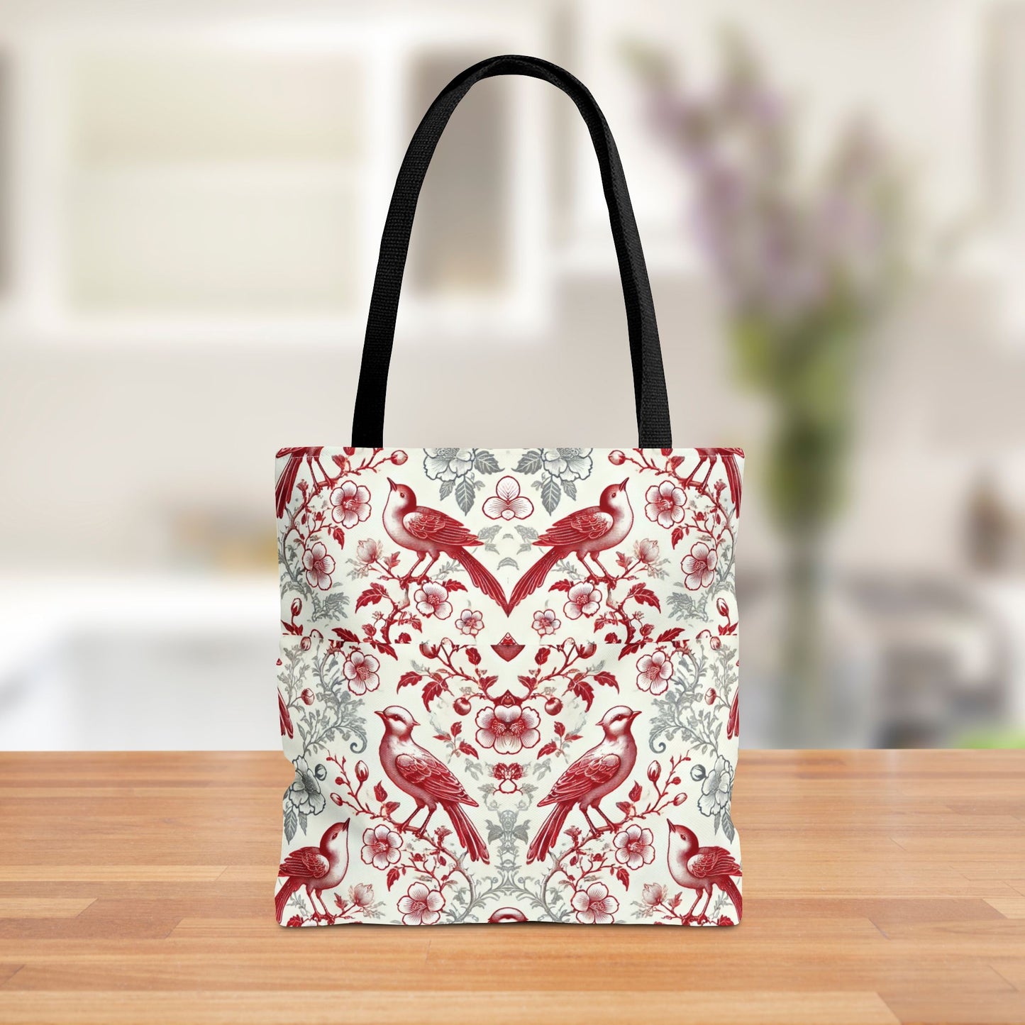 Red & Gray Chinoiserie Bird Tote Bag | Elegant Vintage Floral Baroque Tote | White or Black Handle Option | Reusable Fabric Bag