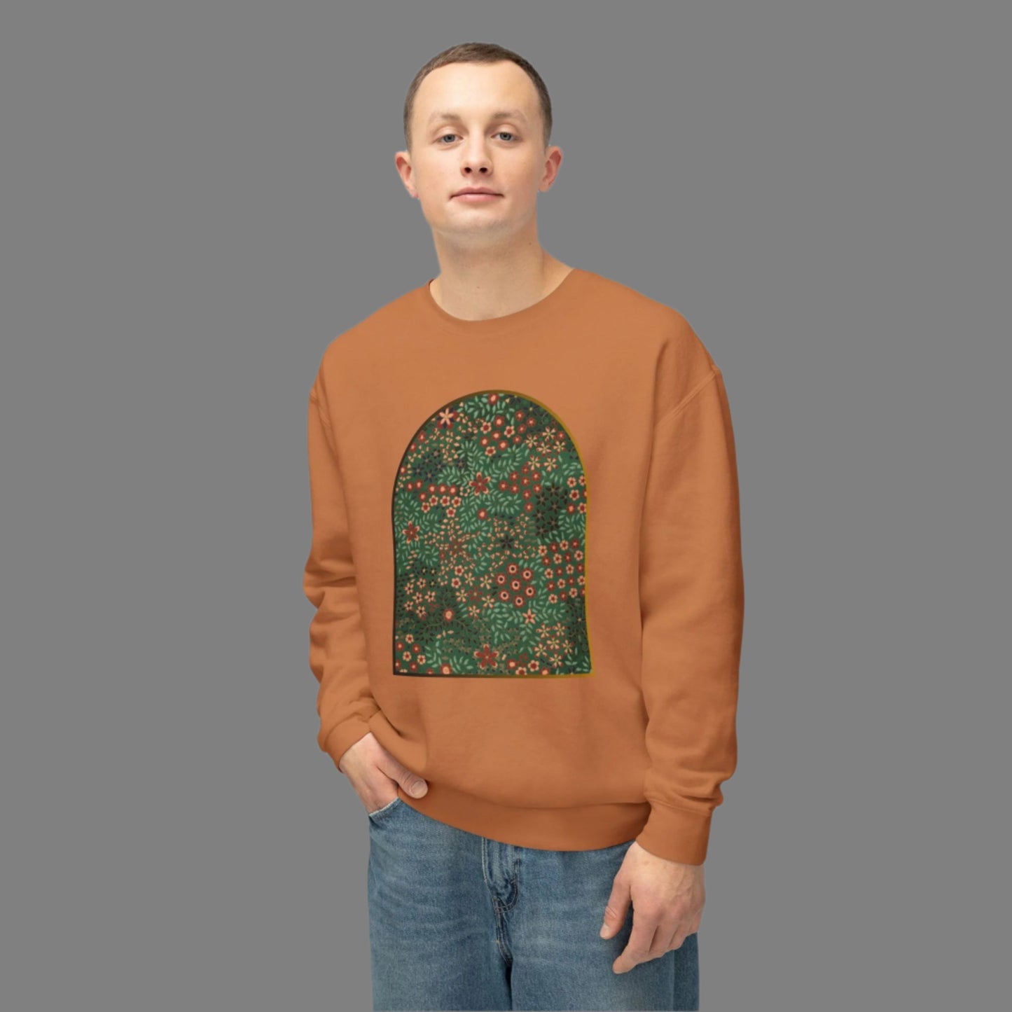 Unisex crewneck sweatshirt featuring a vibrant floral garden design with lush botanical patterns.