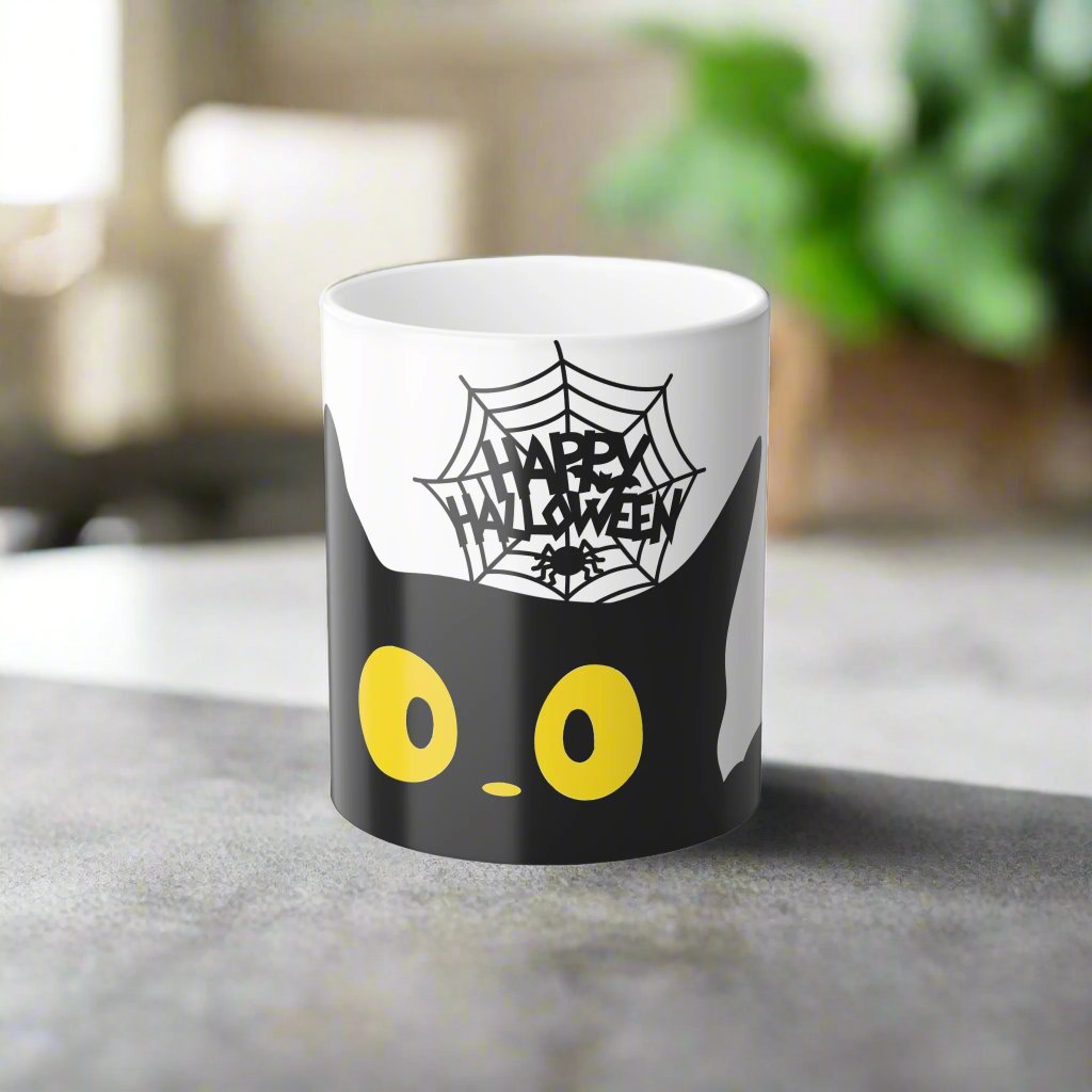 Magic morphing Halloween mug with black cat design on an white background, 11oz coffee cup
