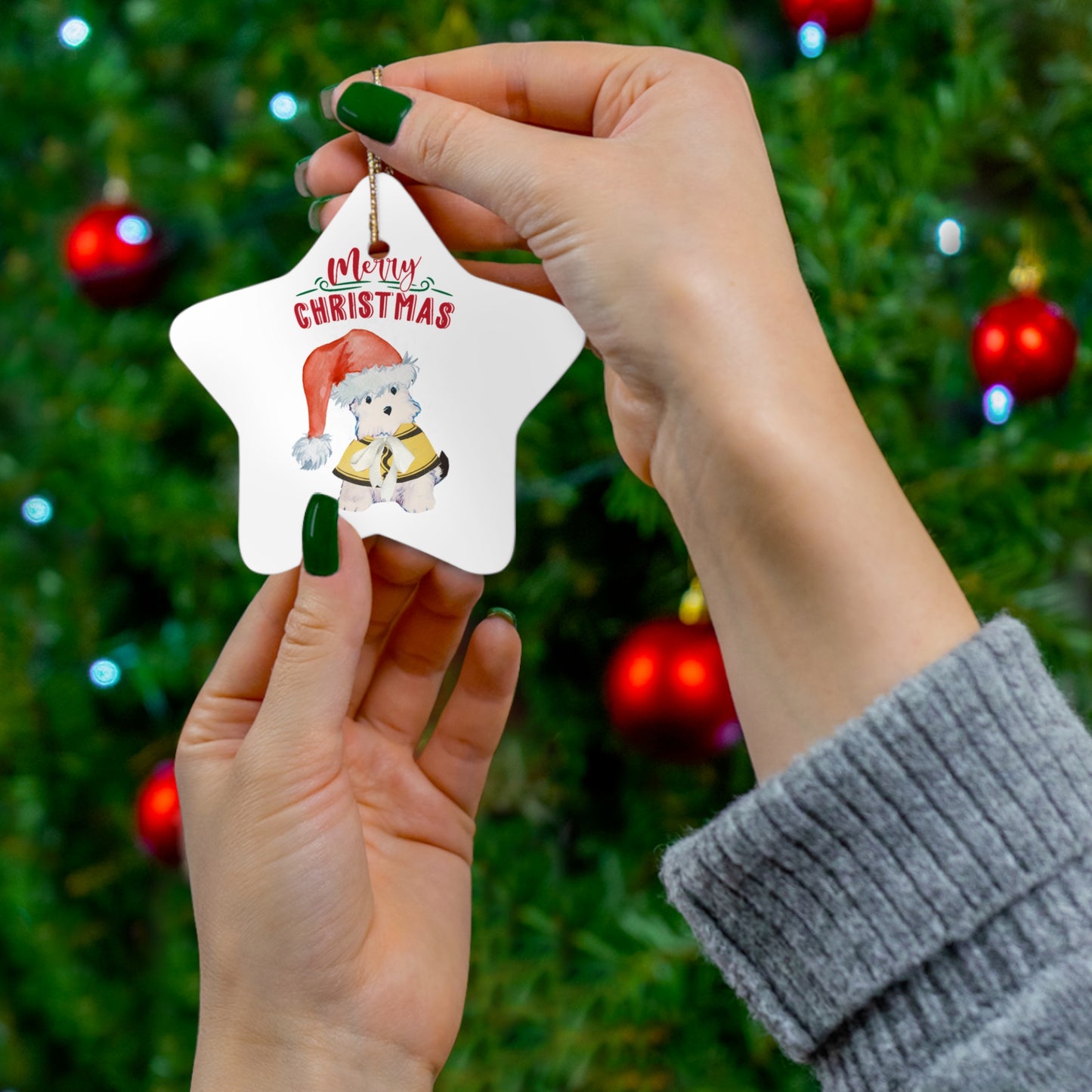 Coquette Merry Christmas Ornament – Vintage Bitsy Puppy Design Ceramic Ornament, 4 Shapes