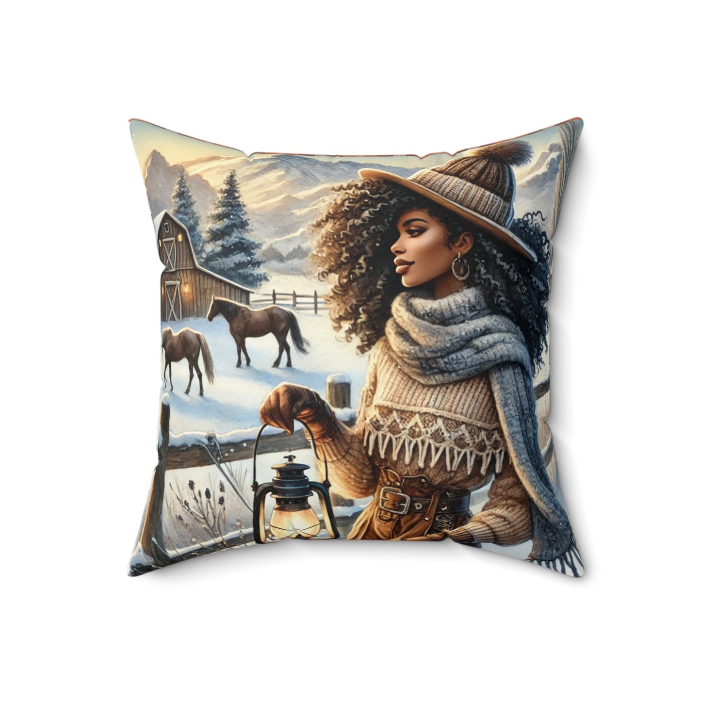 Winter Ranch Scene Throw Pillow, Cozy Home Decor with Plaid Accent Back | Perfect for Living Room or Bedroom