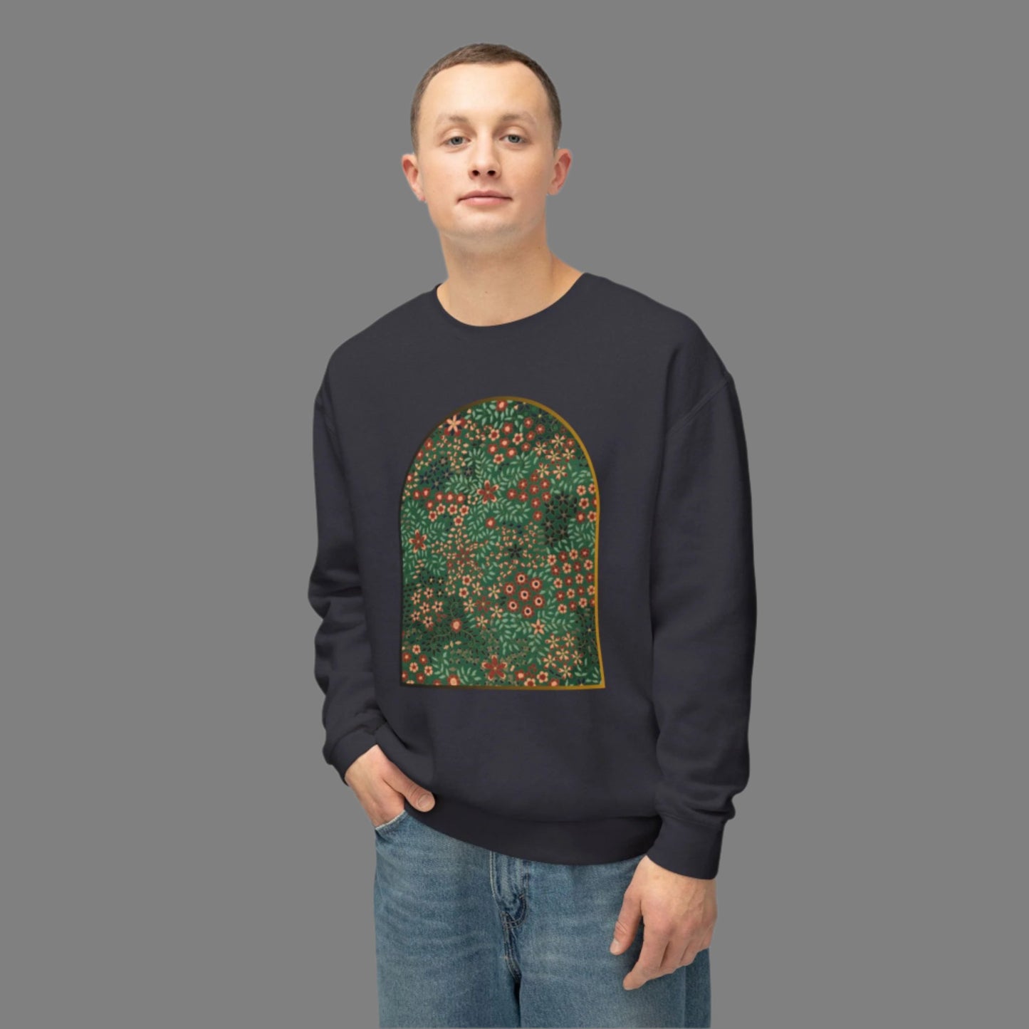 Unisex crewneck sweatshirt featuring a vibrant floral garden design with lush botanical patterns.