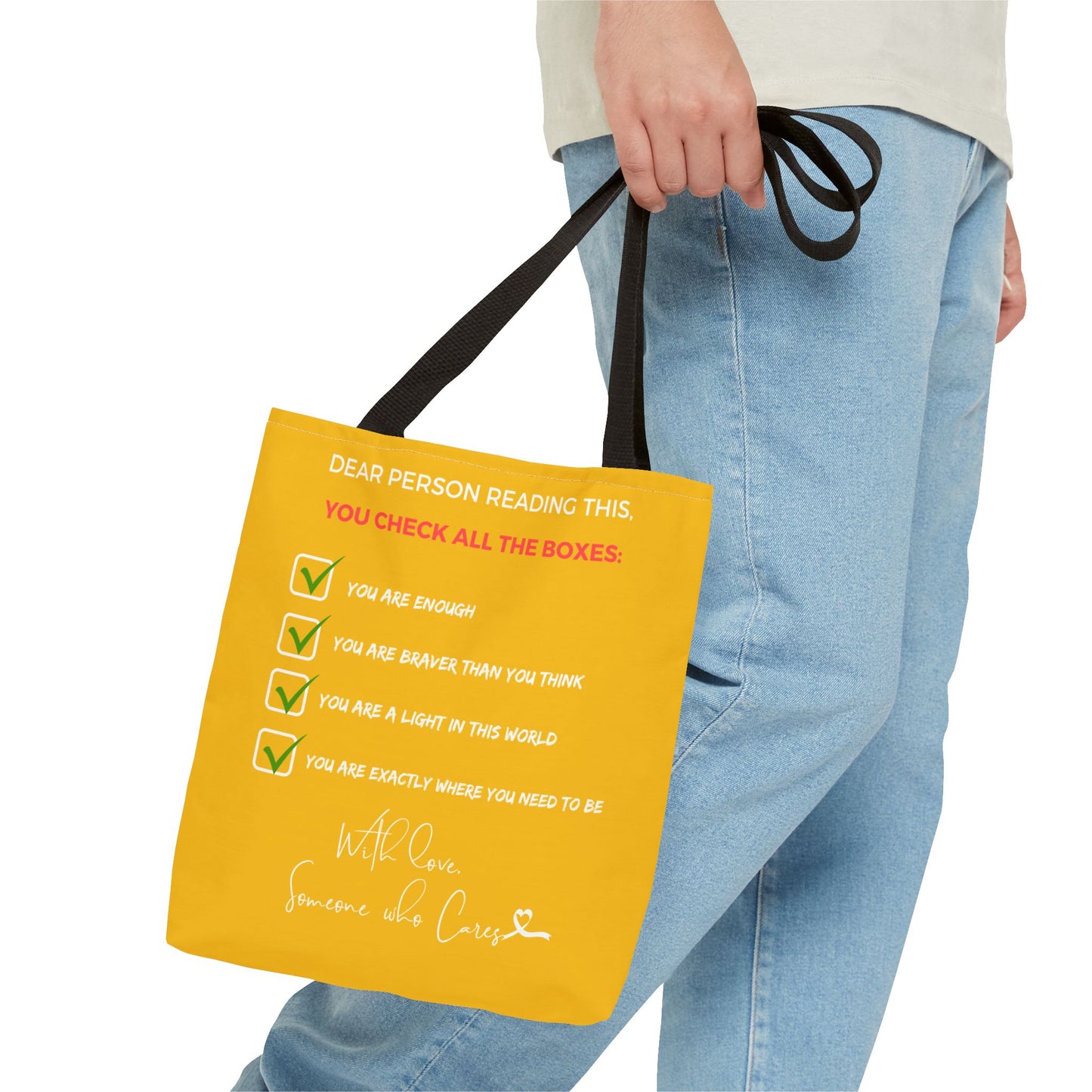 Reversible "Dear Person Reading This" & "Happy Vibes" Motivational Tote Bag | Yellow