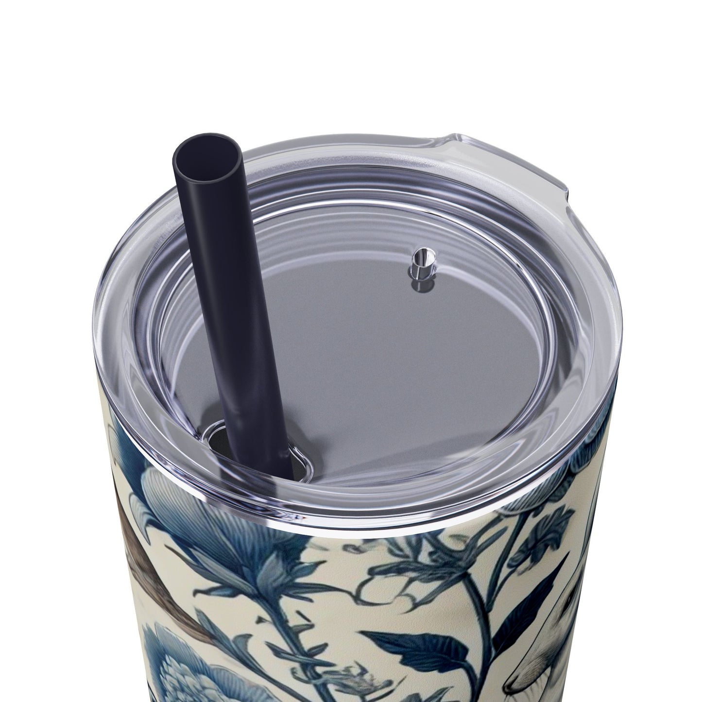 Chinoiserie Blue & White Forest Animals Tumbler | 20oz Maars Stainless Steel Insulated Tumbler with Lid & Straw | Fox & Rabbit Floral Travel Mug