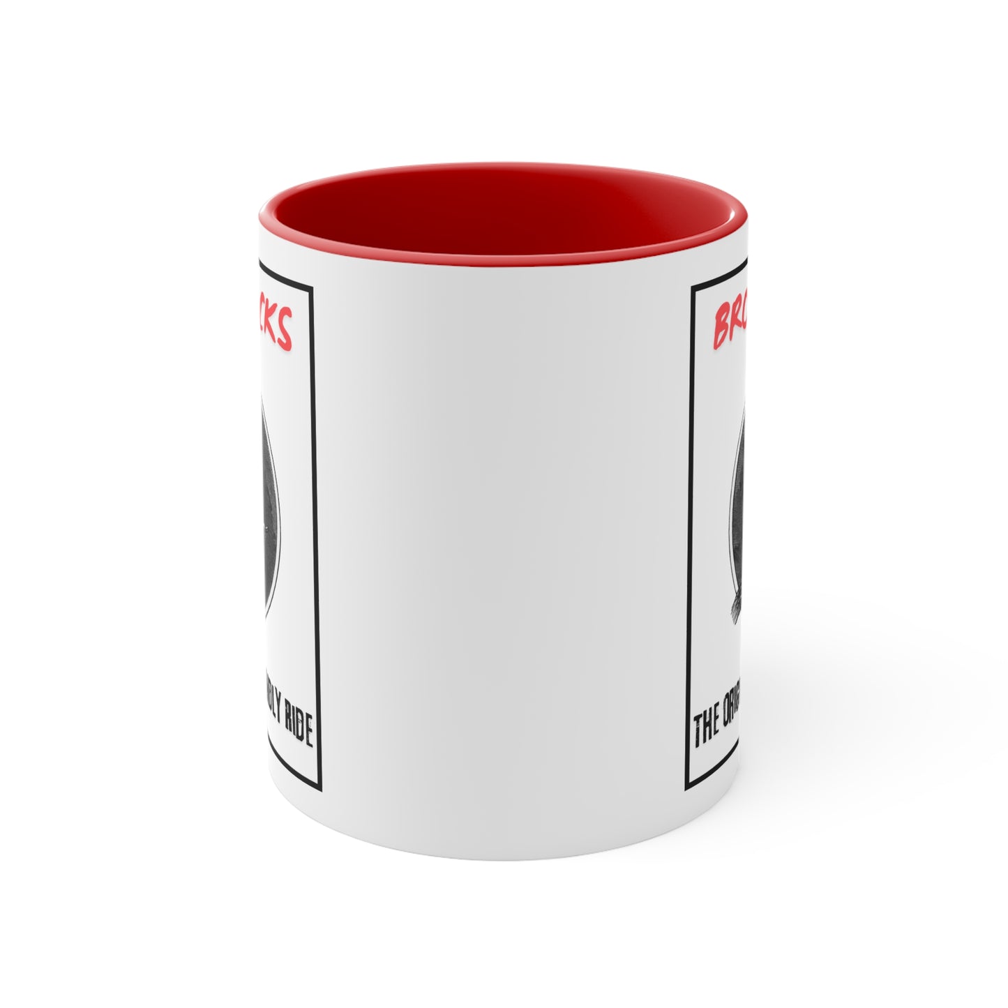 Red Interior: White ceramic coffee mug with red interior, featuring a vintage-style witch graphic and "Broomsticks - The Original Eco-Friendly Ride" text. Ideal for Halloween or quirky gift.