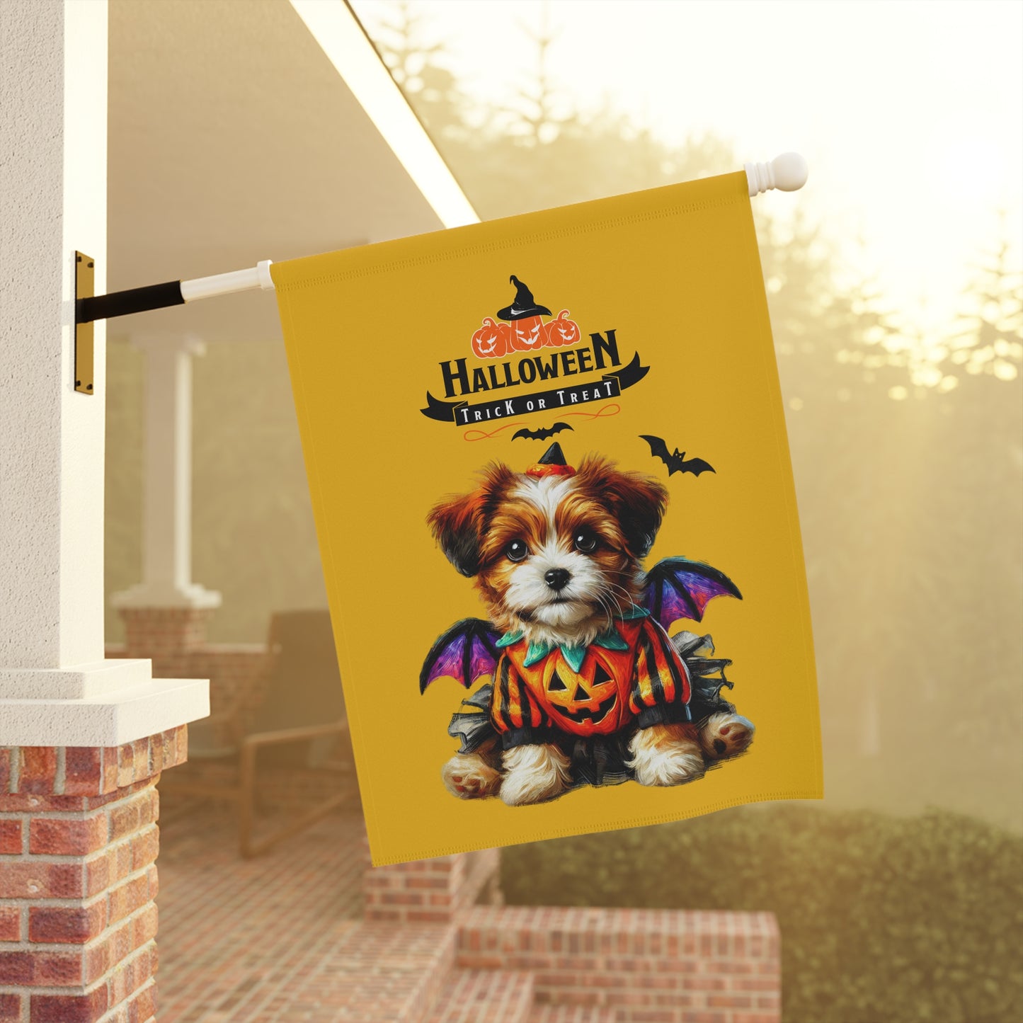 Halloween Garden Flag | Trick or Treat Puppy with Pumpkin Costume and Bats | 100% Poly Poplin-Canvas