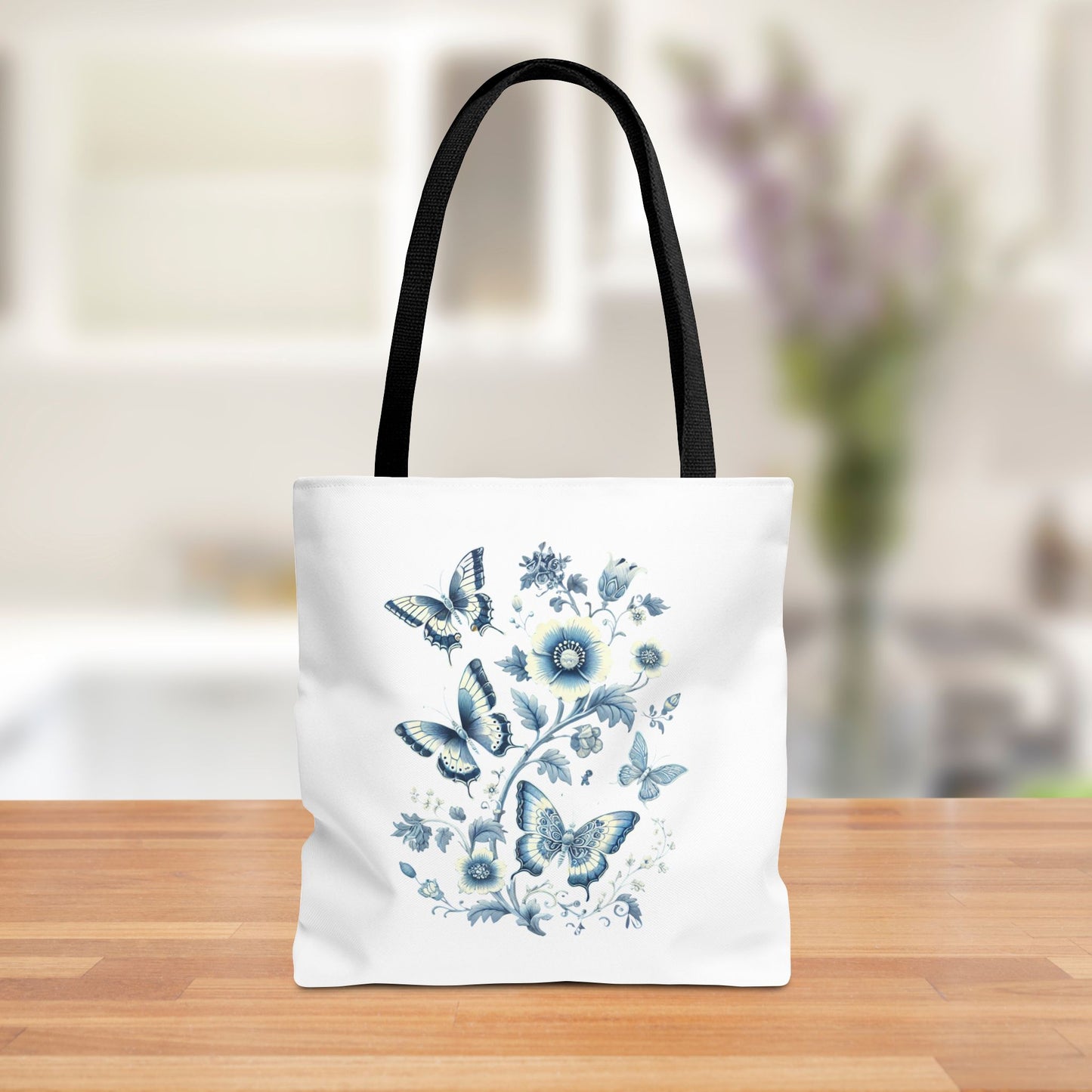 Chinoiserie Butterfly Tote Bag – Elegant Blue & White Floral Tote | Soft Polyester Shopping Bag | Aesthetic Everyday Carry-All