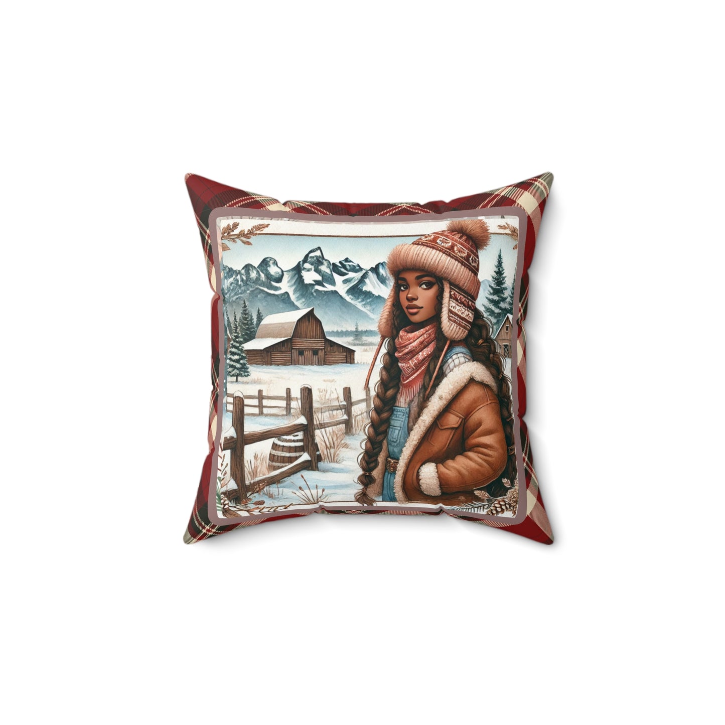 Front view of a throw pillow featuring an African American cowgirl in a winter ranch setting, framed by plaid borders.
