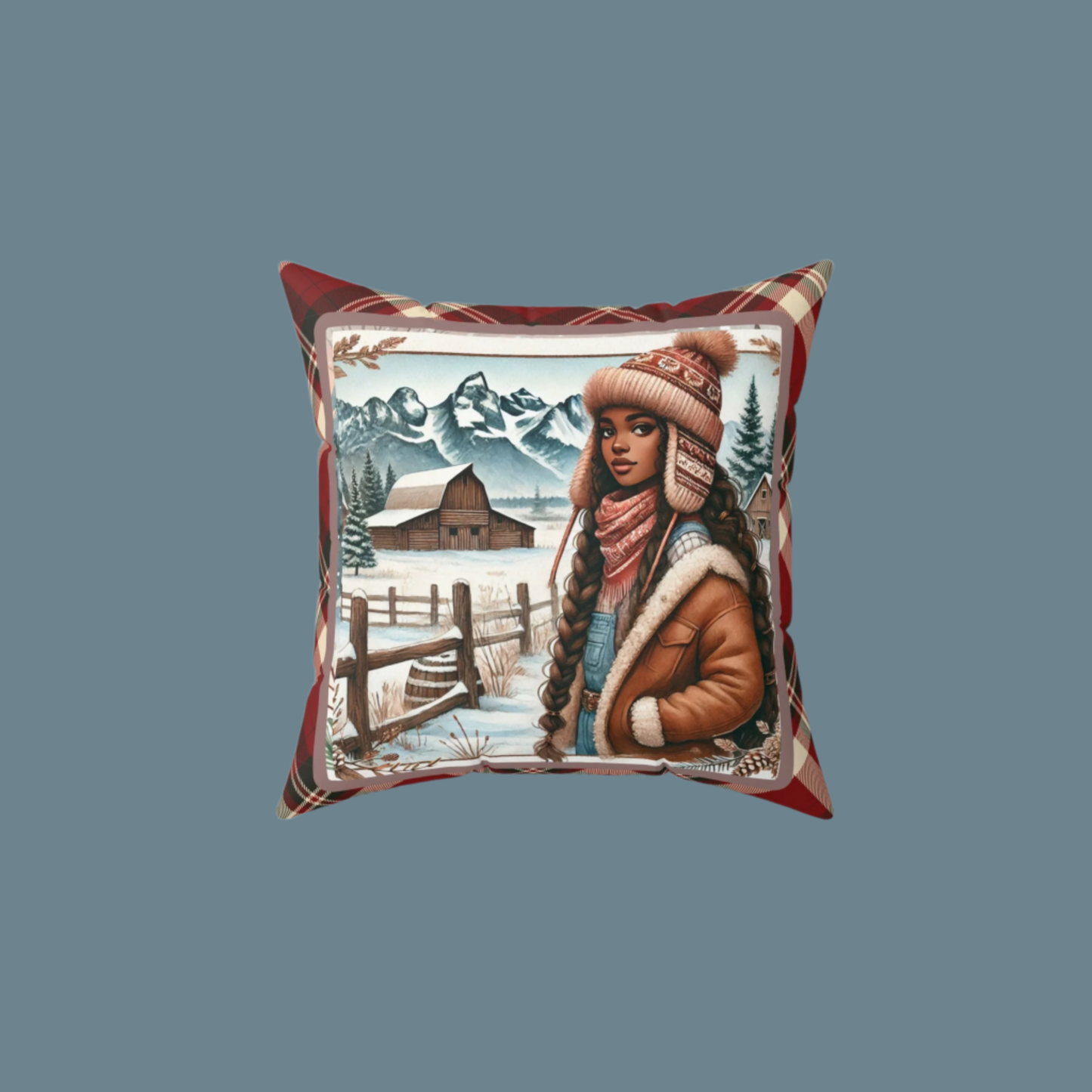 Rustic Winter Ranch Throw Pillow, Cozy Christmas Decor with Plaid Back | Featuring African American Cowgirl Art