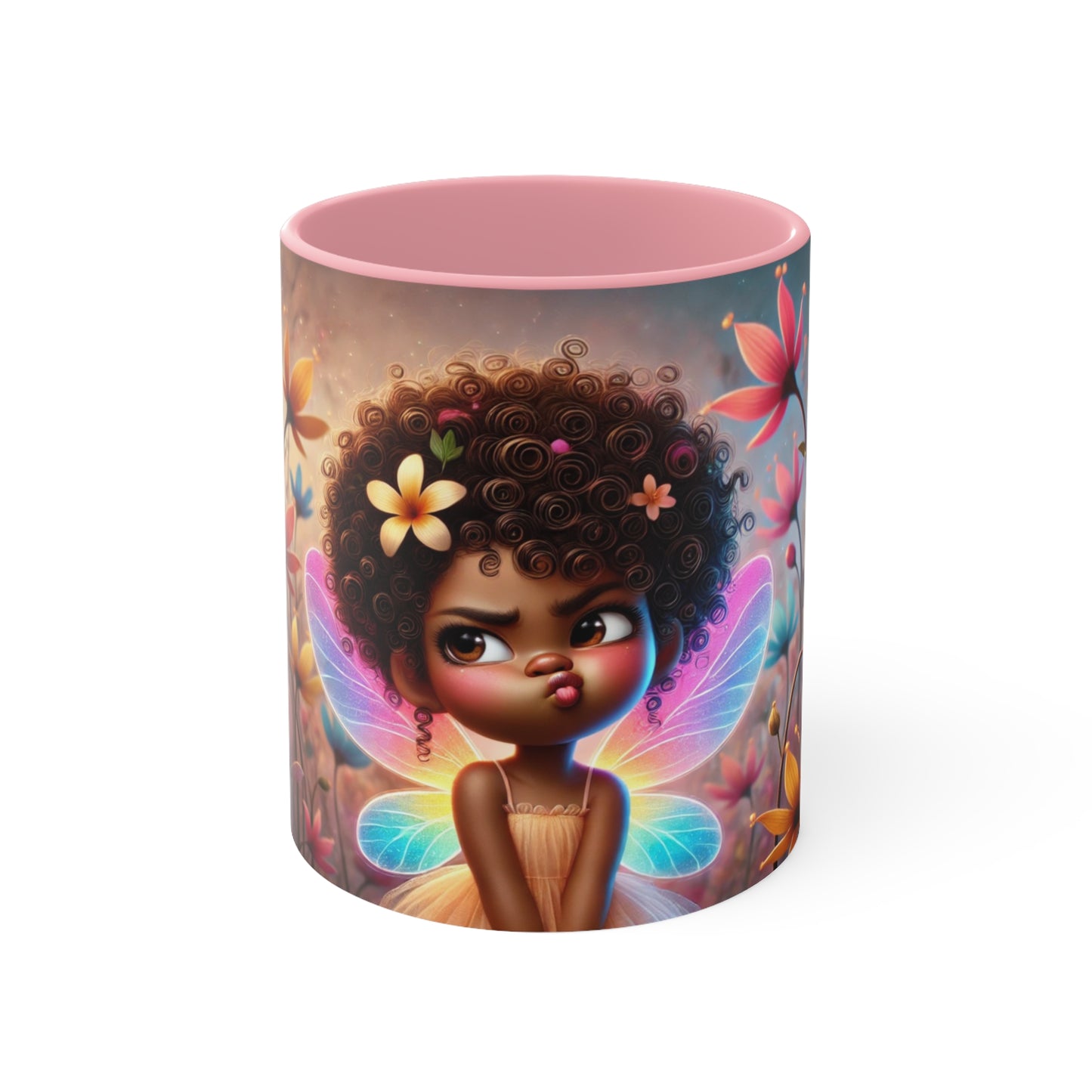 Afro fairy coffee mug with a witty quote in a vibrant flower garden, front view with pink interior