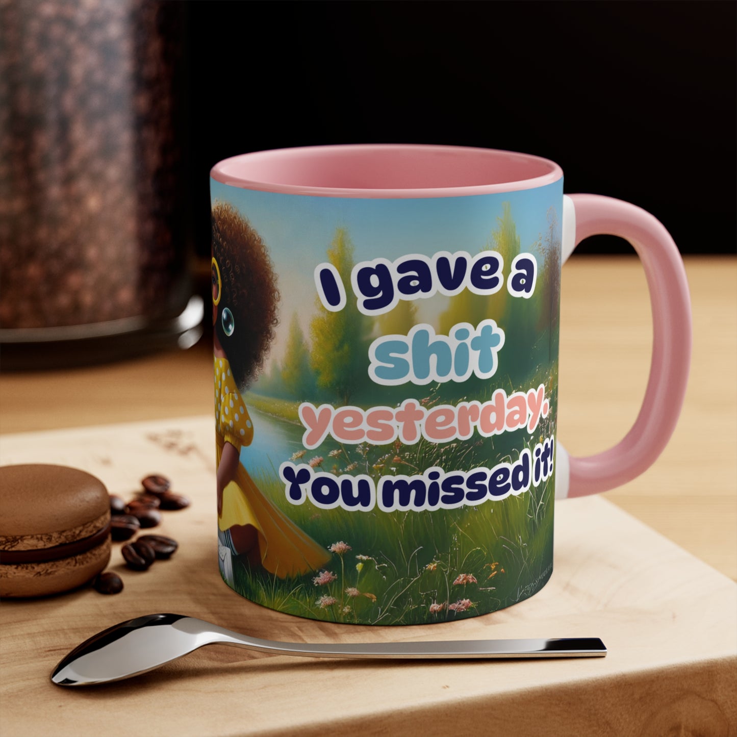 Full wraparound design of the mug with bold text and Afrocentric art, perfect for coffee lovers with a sense of humor.