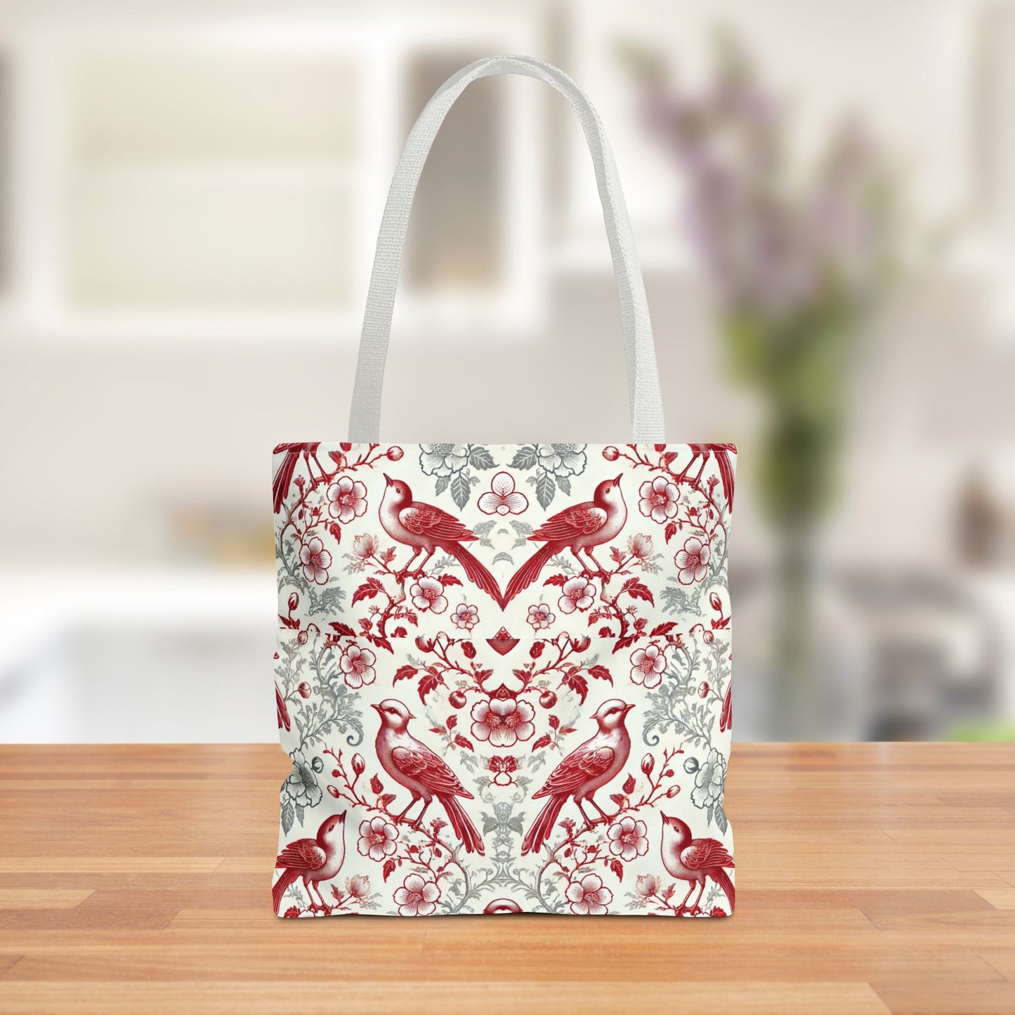 Red & Gray Chinoiserie Bird Tote Bag | Elegant Vintage Floral Baroque Tote | White or Black Handle Option | Reusable Fabric Bag