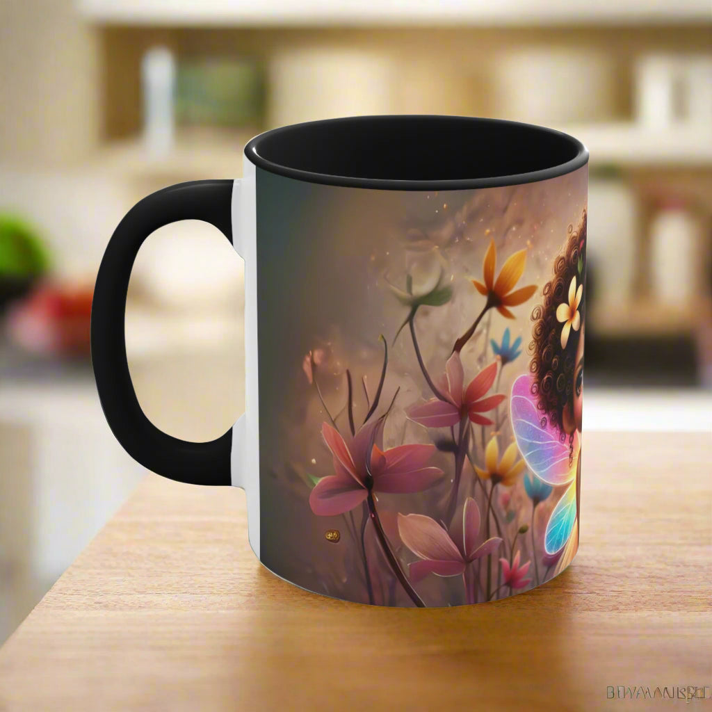 Side view of the coffee mug showing the quote and whimsical floral details