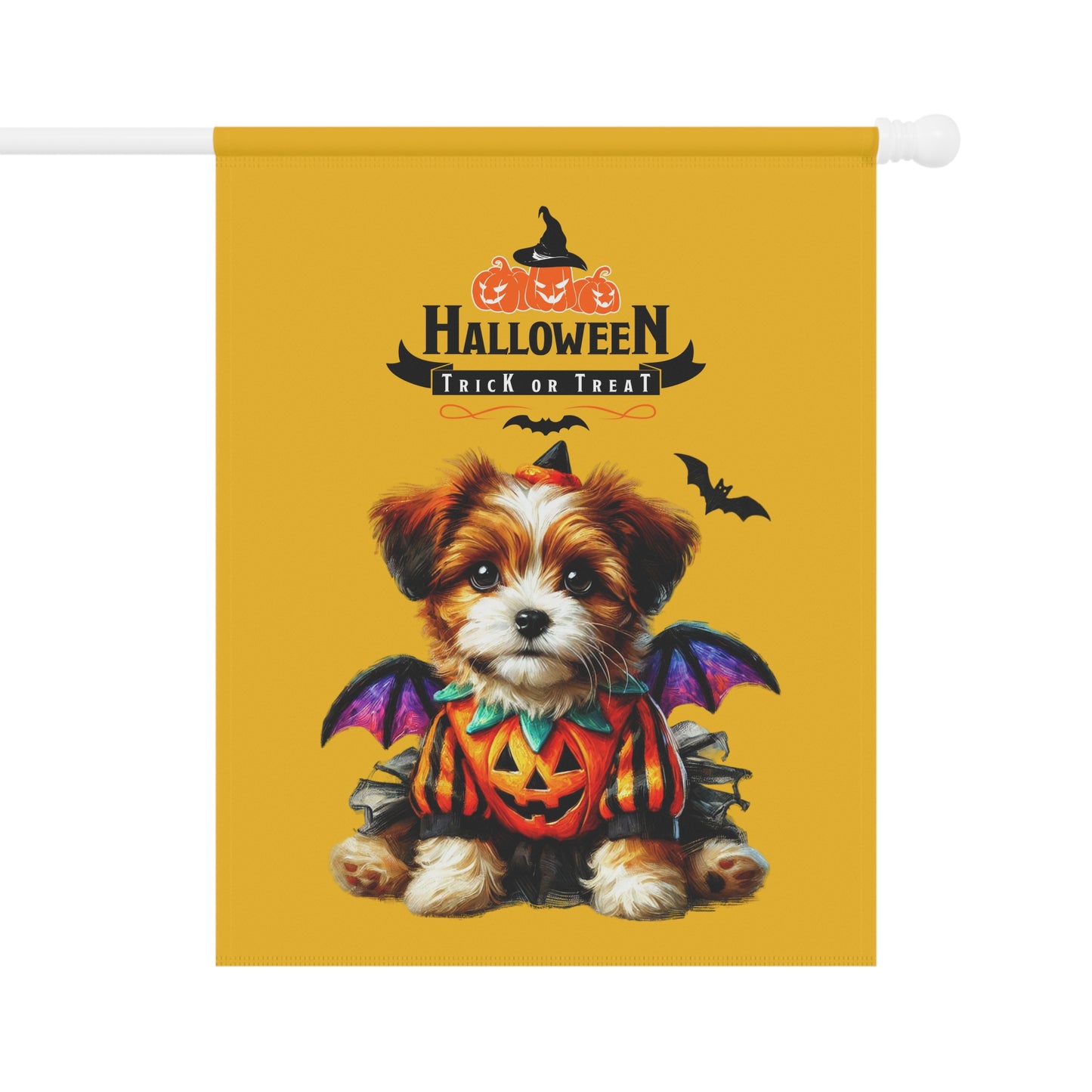Halloween Garden Flag | Trick or Treat Puppy with Pumpkin Costume and Bats | 100% Poly Poplin-Canvas