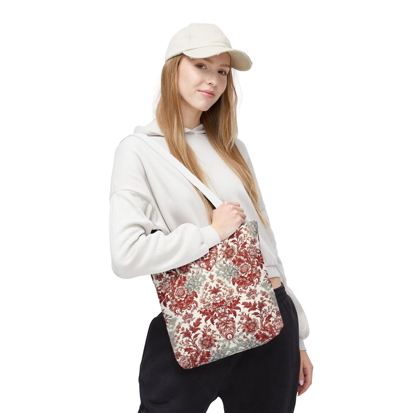 Luxury Red & Gray Chinoiserie Tote Bag – Elegant Floral Baroque Design | Black or White Handles | Stylish Everyday Carryall