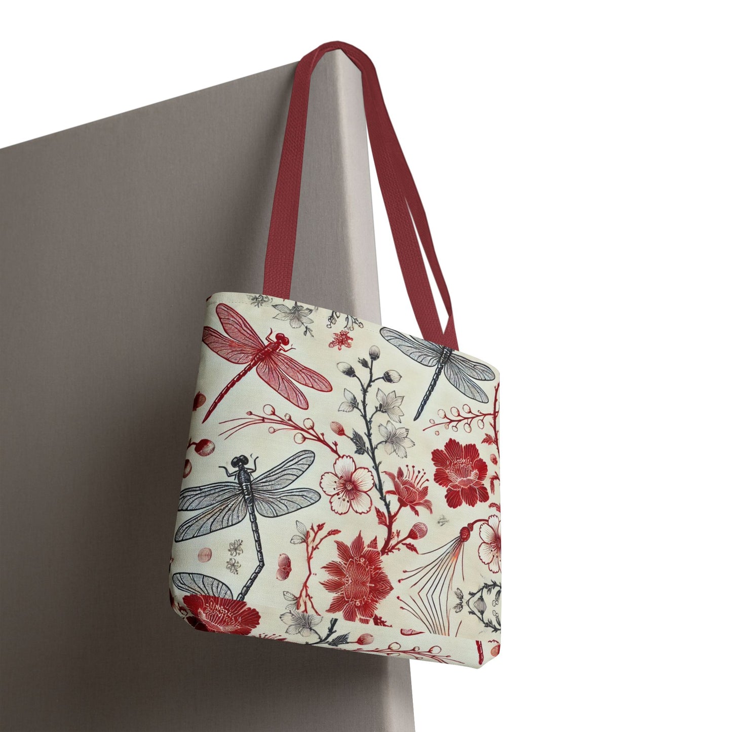 Dragonfly Floral Chinoiserie Tote Bag | Elegant Red & Black Insect Print Bag | Eco-Friendly Polyester Tote | Nature-Inspired Gift