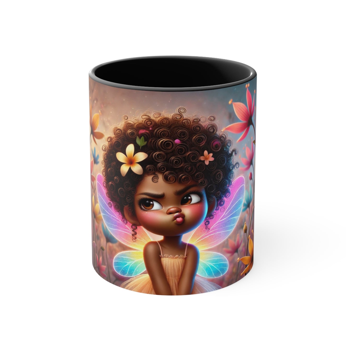 Afro fairy coffee mug with a witty quote in a vibrant flower garden, front view with black interior.