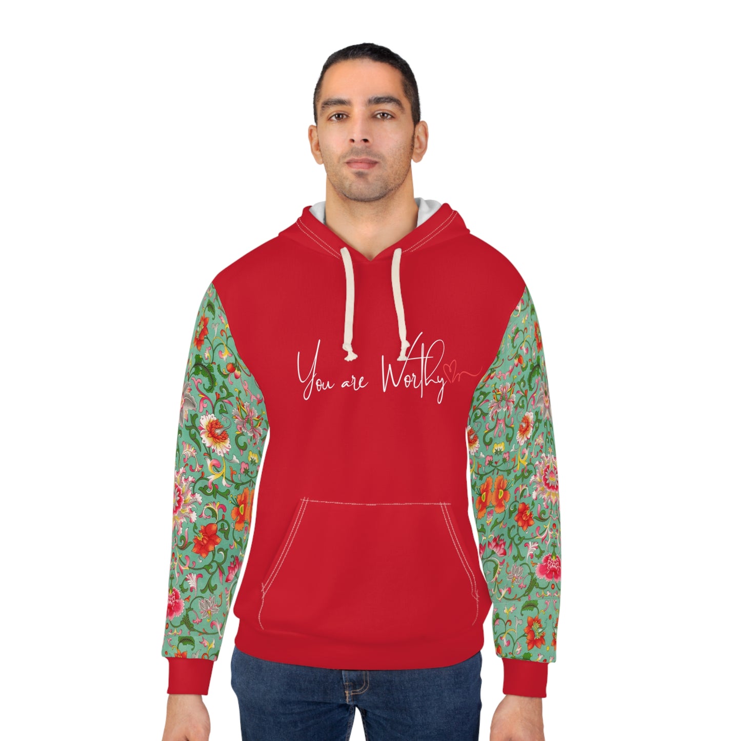 Man wearing the 'You Are Worthy' hoodie, showing the motivational message and floral print design for a stylish, casual look.