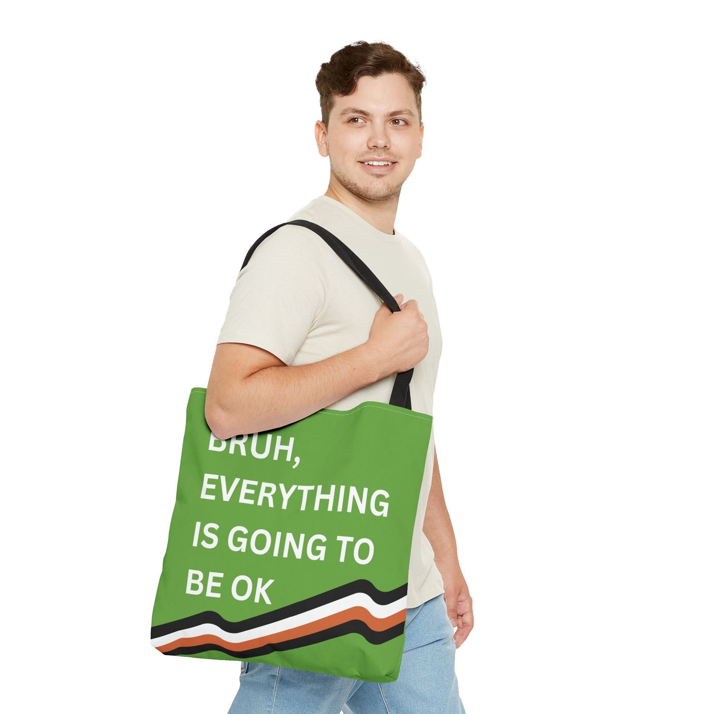 Close-up of a person carrying the motivational tote bag, highlighting the vibrant stripes and positive message.