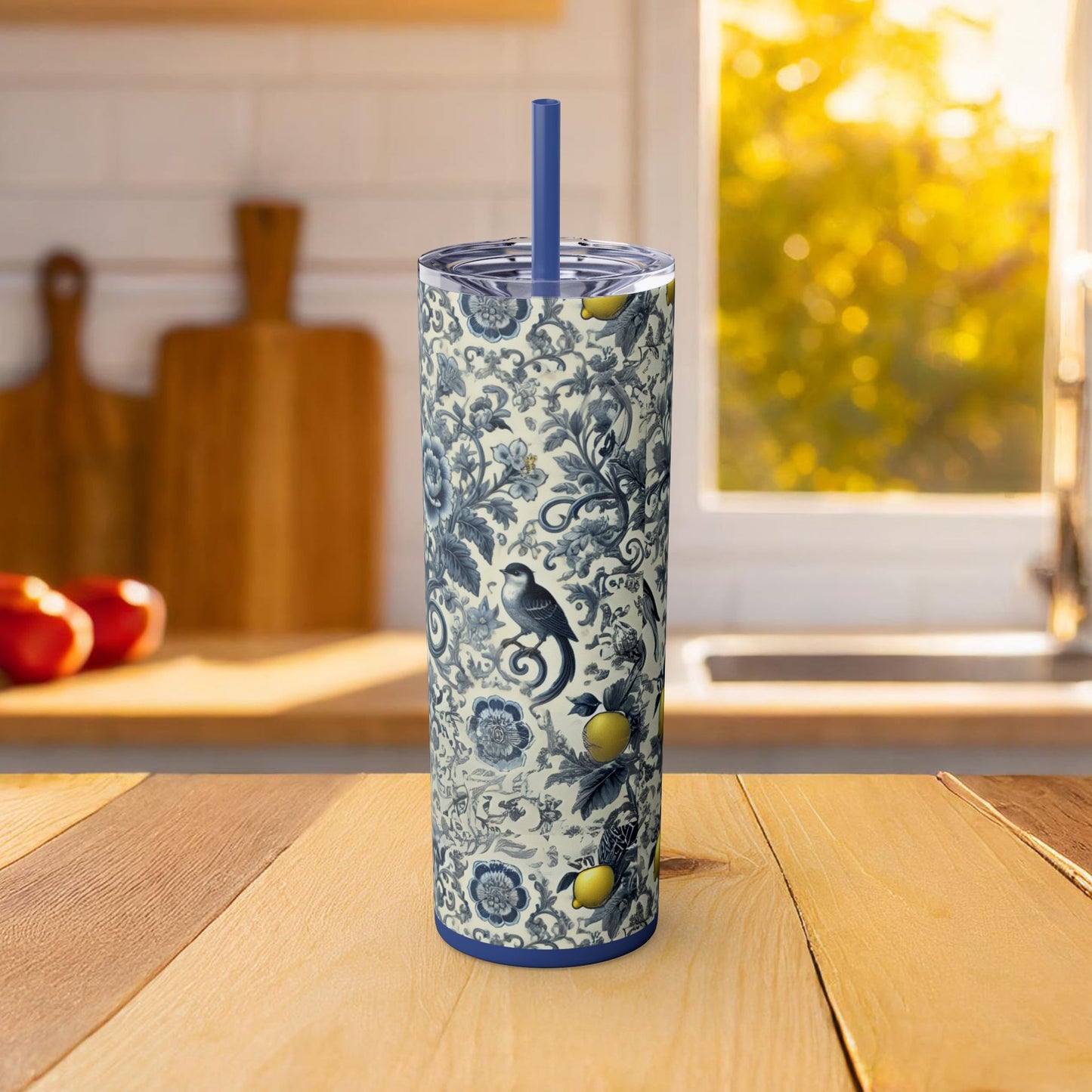 Blue Chinoiserie Lemon Tumbler | 20oz Insulated Travel Cup | Vintage Botanical Birds & Lemons | Includes Straw & Lid