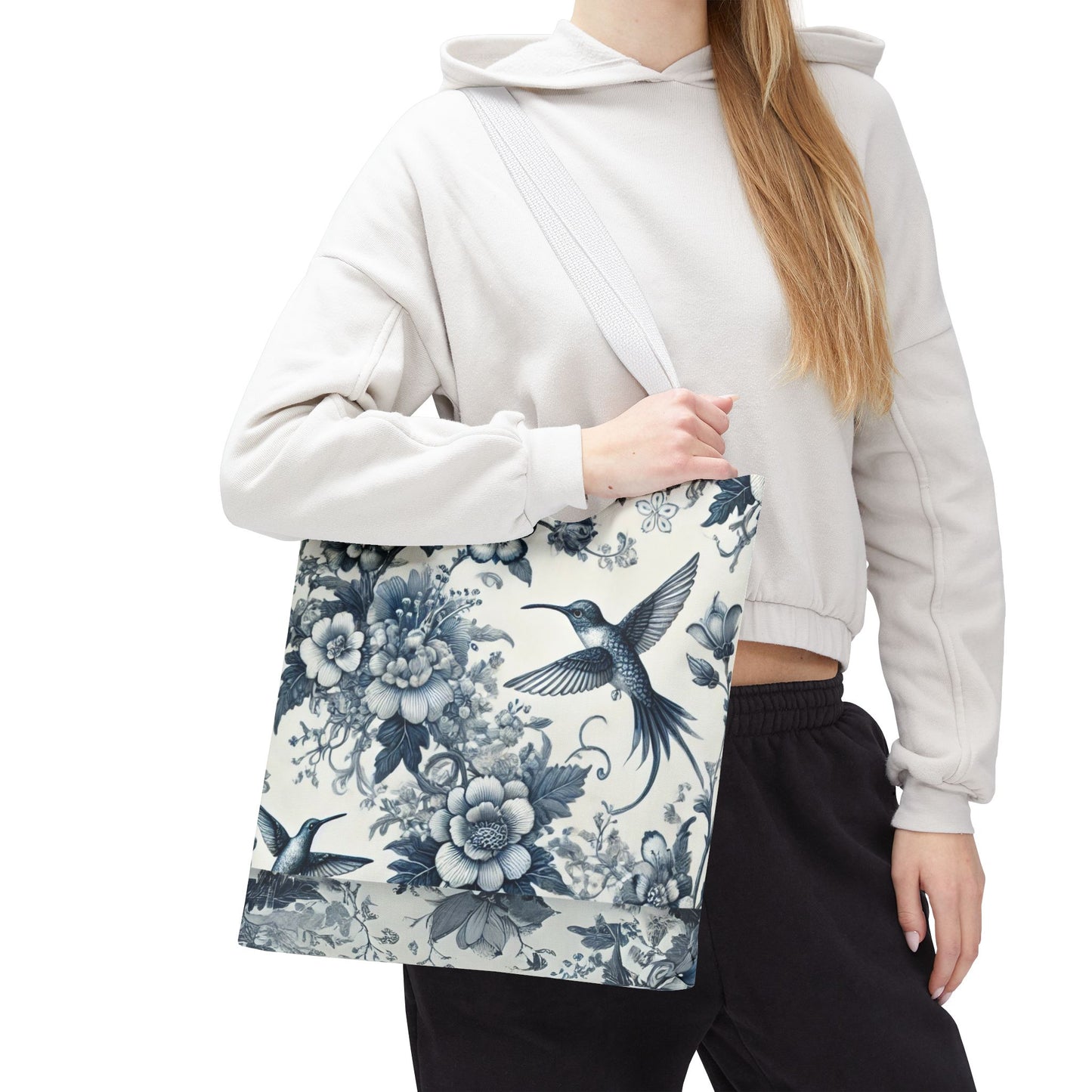 Chinoiserie Hummingbird Tote Bag – Blue & White Vintage Floral Bird Design | Durable Polyester Canvas | White or Navy Straps