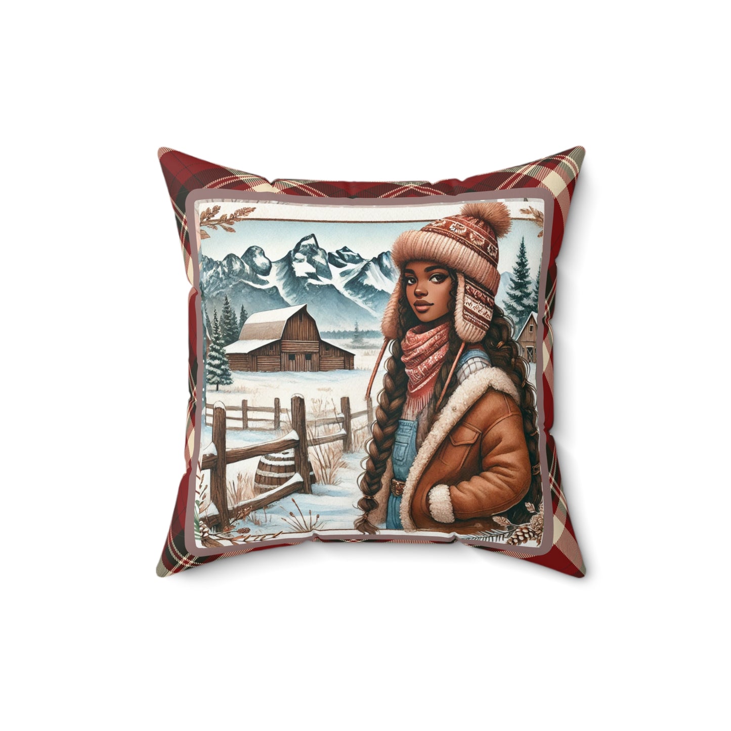 Front view of a throw pillow featuring an African American cowgirl in a winter ranch setting, framed by plaid borders.