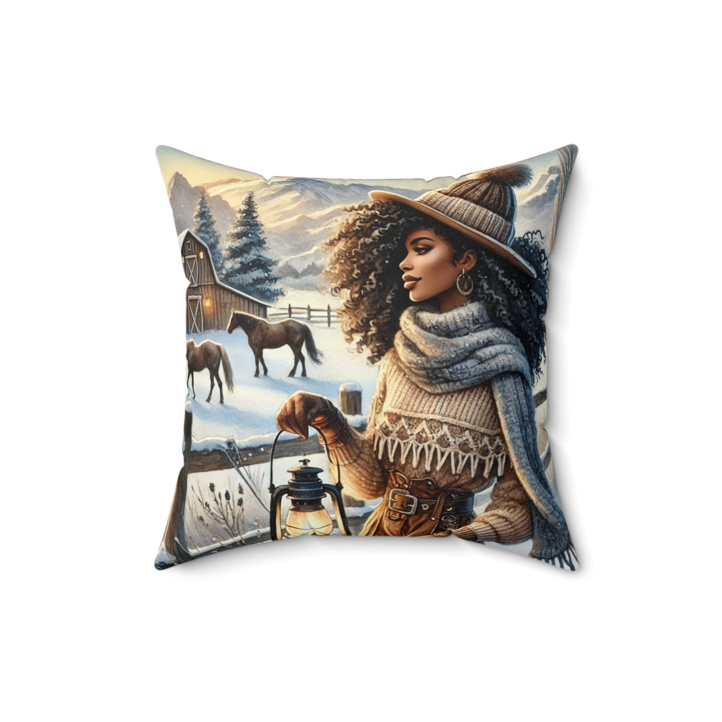 Winter Ranch Scene Throw Pillow, Cozy Home Decor with Plaid Accent Back | Perfect for Living Room or Bedroom
