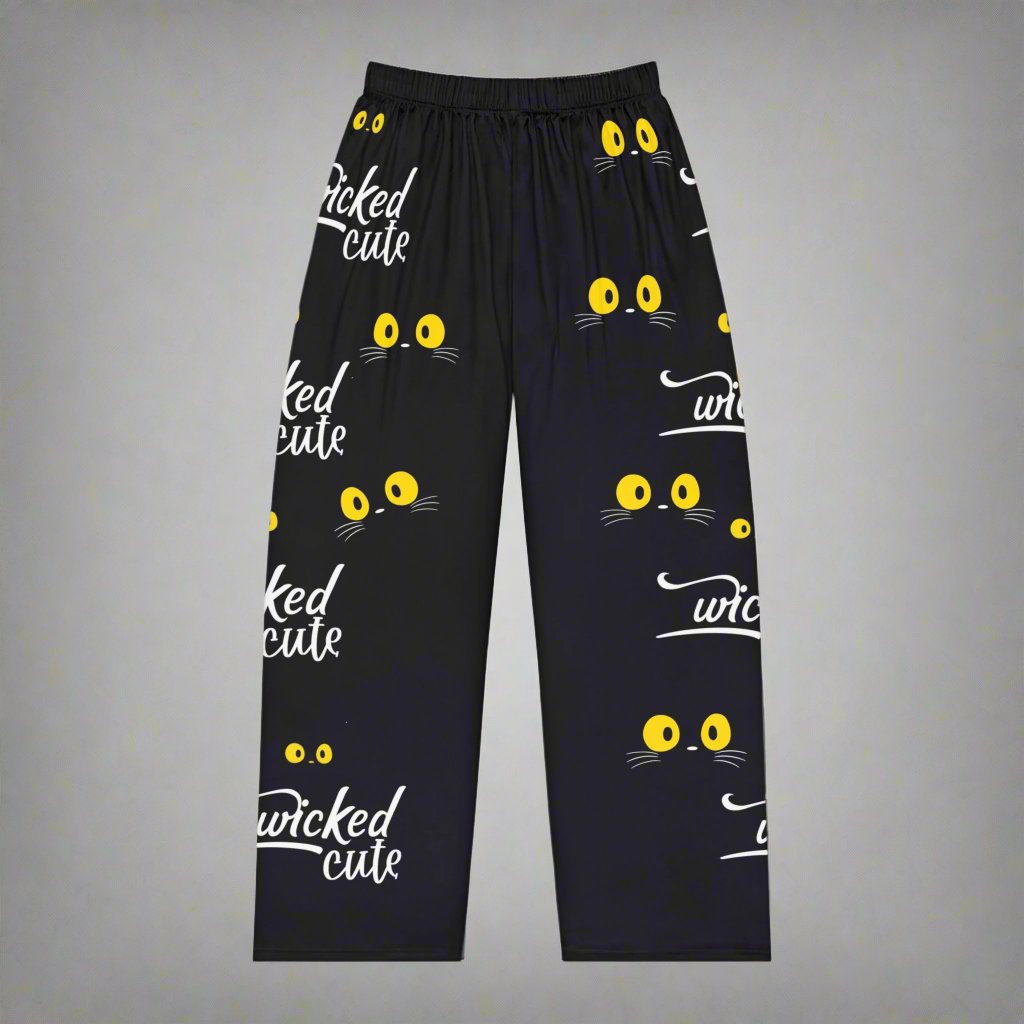 Front view of Wicked Cute Black Cat Women's Pajama Pants featuring an all-over print of yellow cat eyes and the words Wicked Cute on a black background.