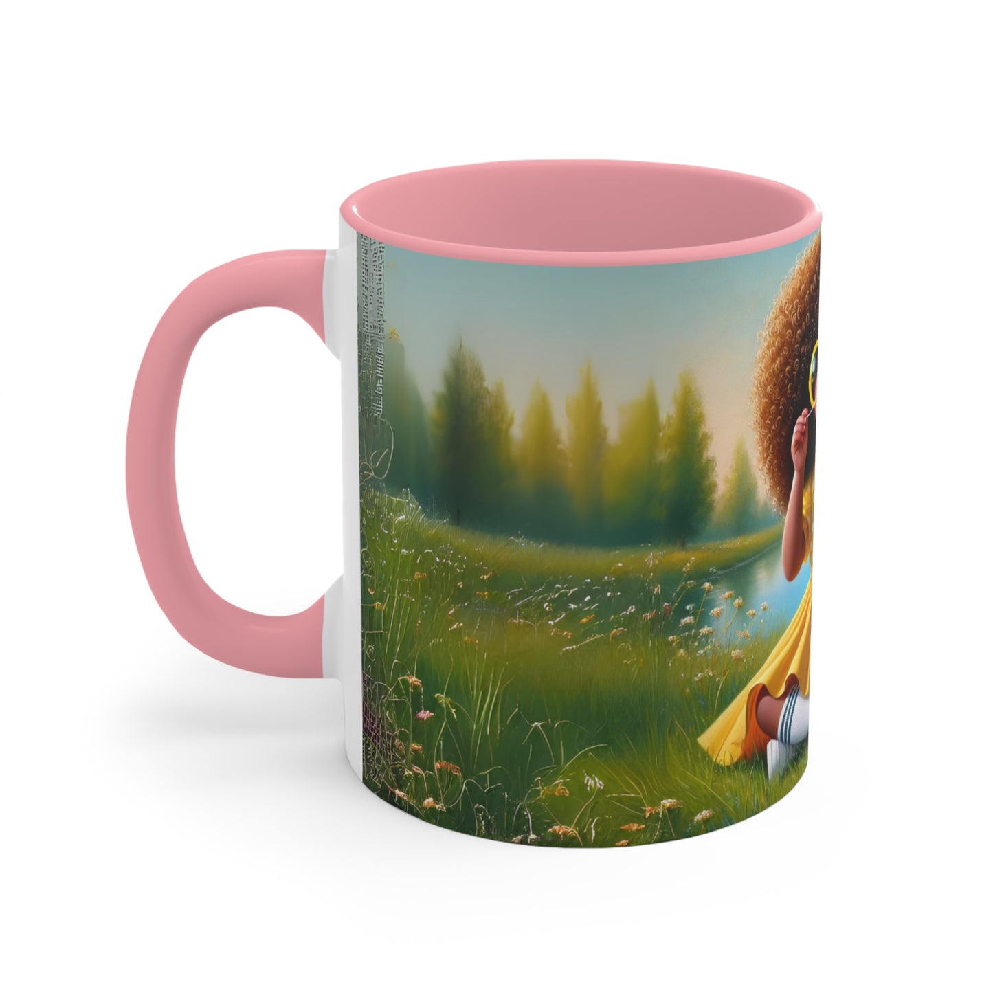 Side view of a colorful coffee mug showcasing a detailed meadow scene with vibrant flowers and trees.