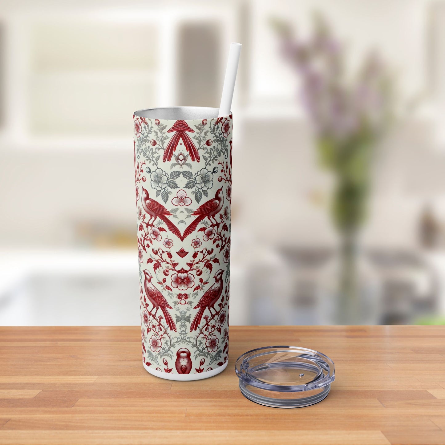 Red & White Chinoiserie Bird Tumbler – 20oz Maars Skinny Tumbler with Straw | Insulated Stainless Steel Travel Mug