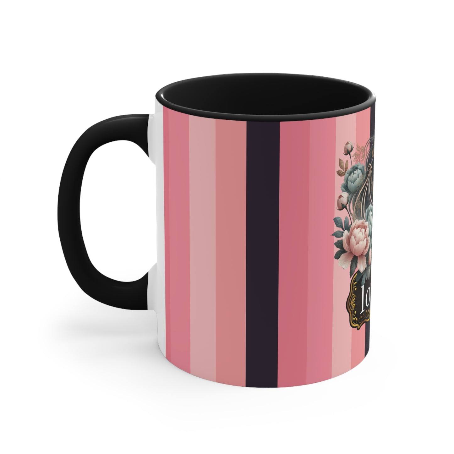 Romantic Horse and Floral Coffee Mug | Love Themed Pink and Black Striped Mug | Beautiful Equestrian Gift for Horse Lovers | 15oz Ceramic Cup