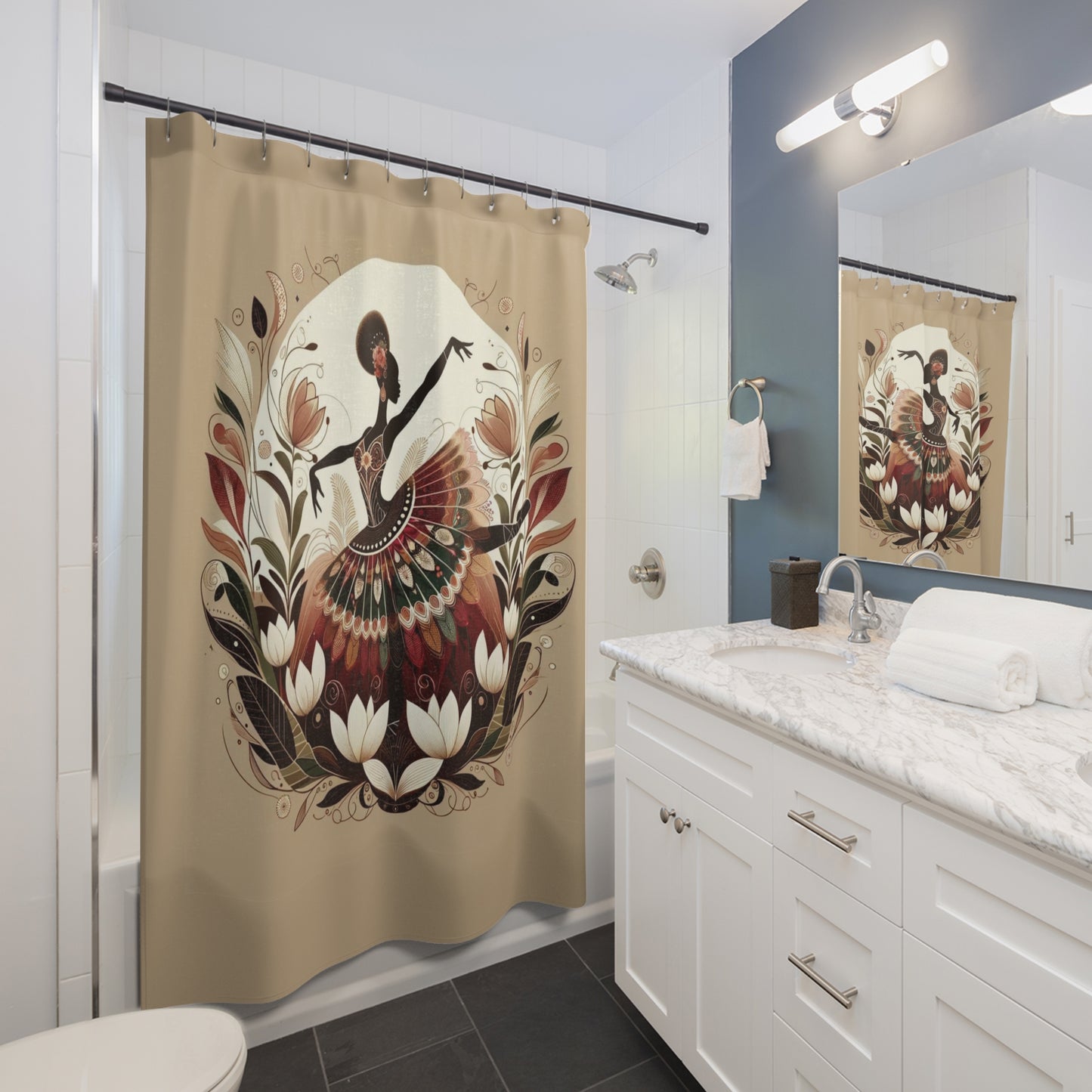 Earthy tone bathroom decor with a culturally inspired dancer and blooming flowers.