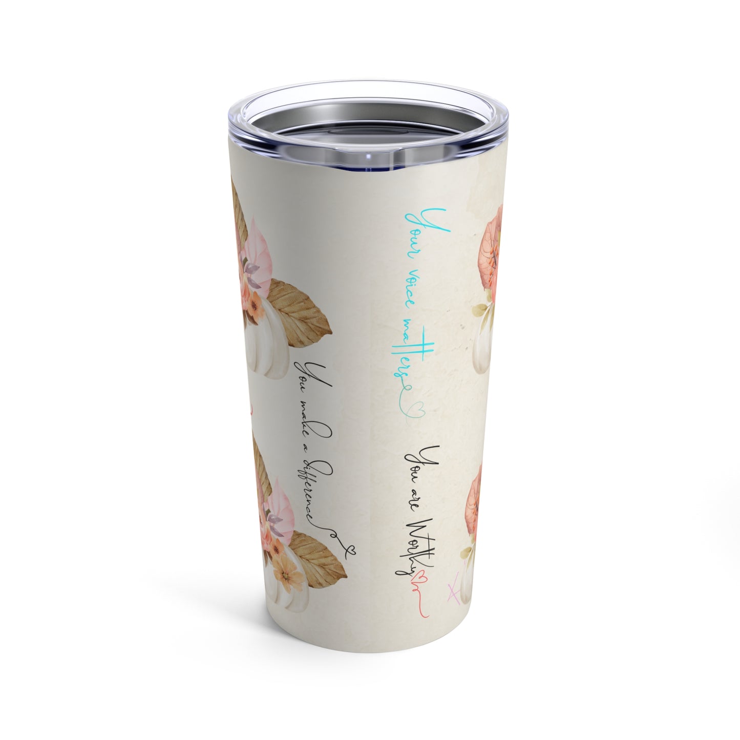 Back view of 20oz stainless steel tumbler with motivational messages and fall-inspired pumpkin floral art.