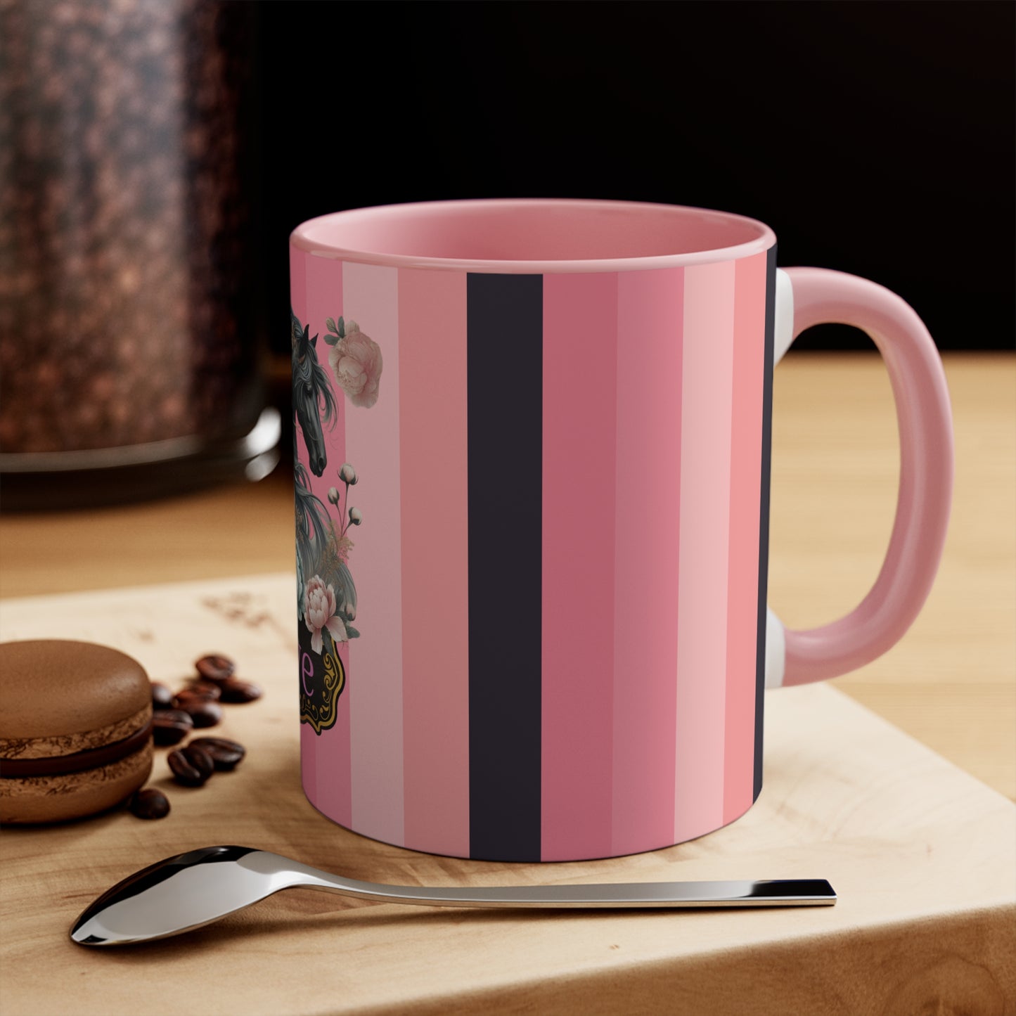 Romantic Horse and Floral Coffee Mug | Love Themed Pink and Black Striped Mug | Beautiful Equestrian Gift for Horse Lovers | 15oz Ceramic Cup
