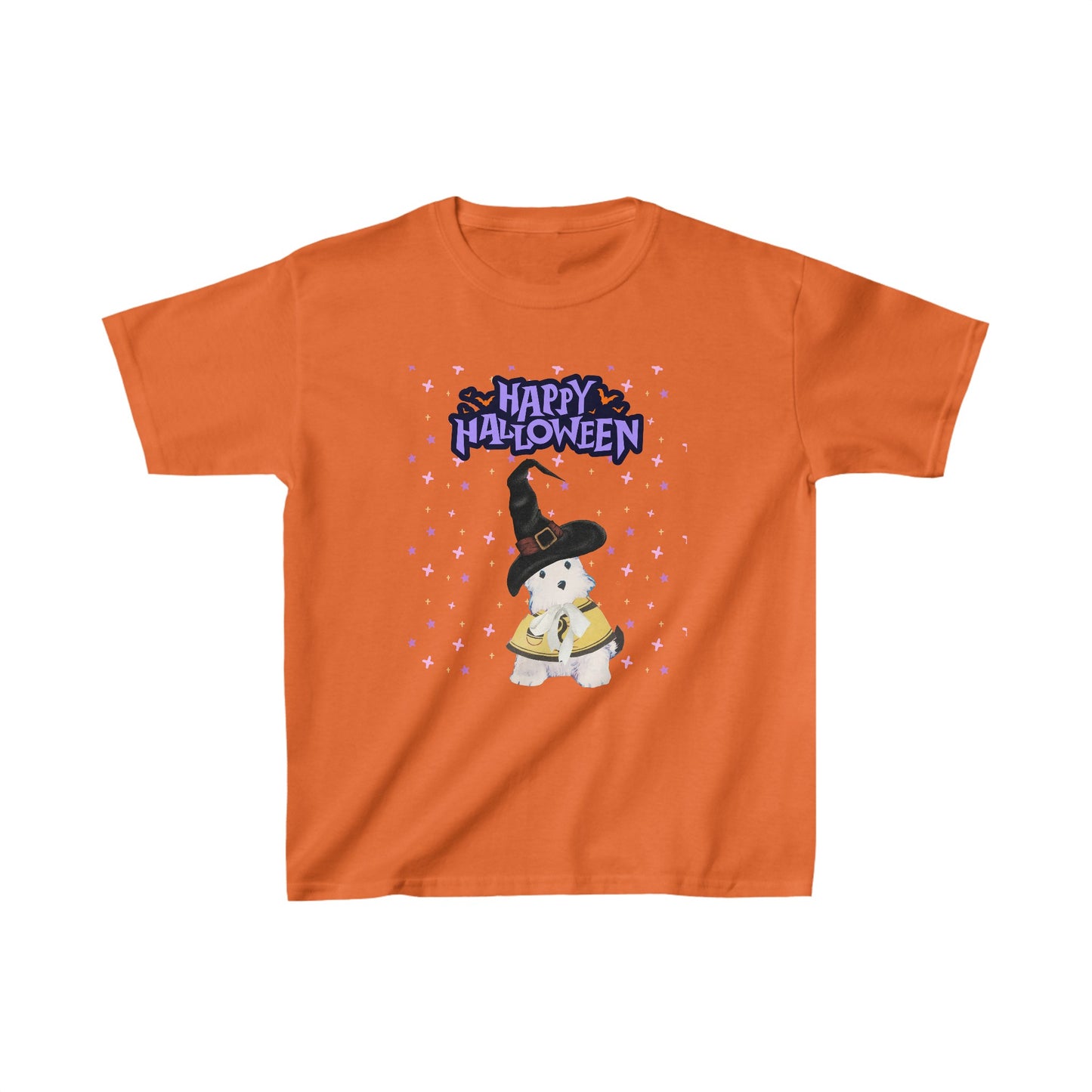 Kids' Halloween t-shirt featuring Bitsy the dog in a witch hat