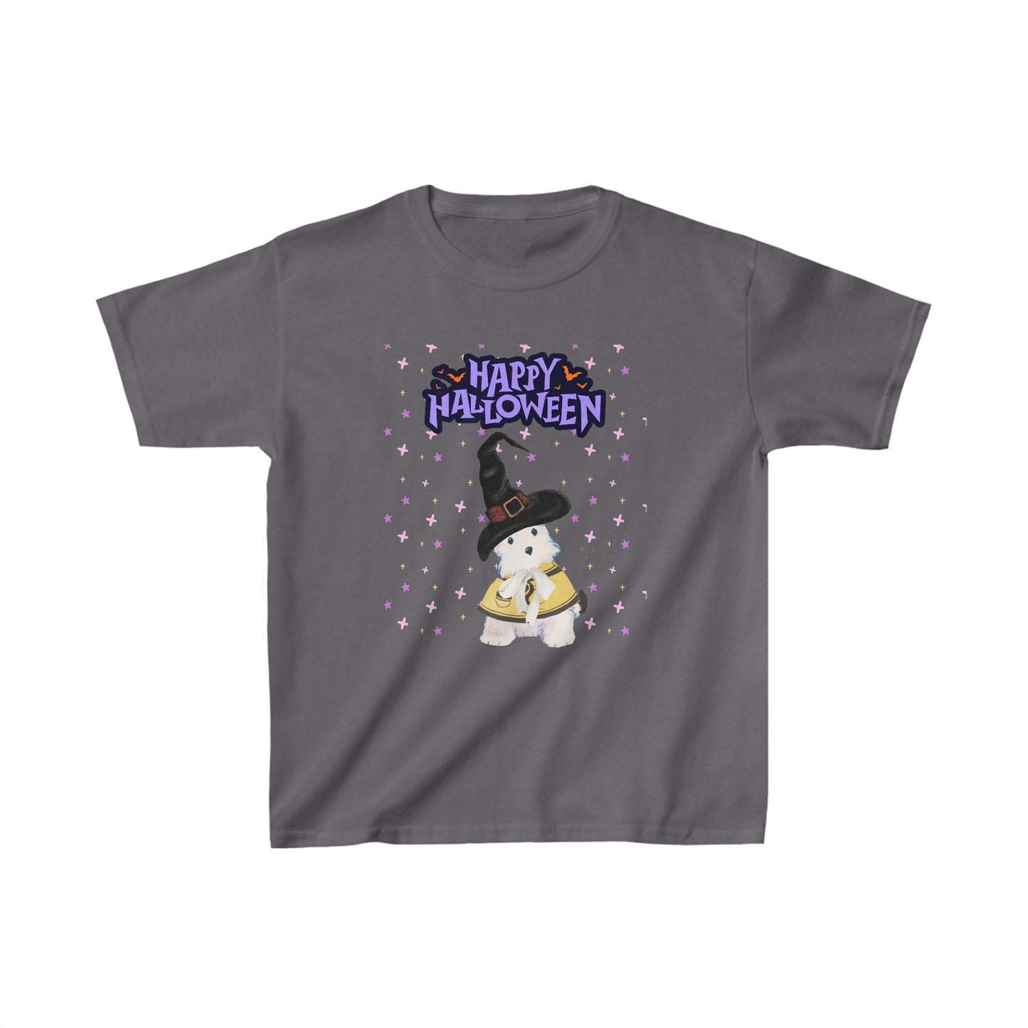 Kids' Halloween t-shirt featuring Bitsy the dog in a witch hat. Color: Charcoal Grey