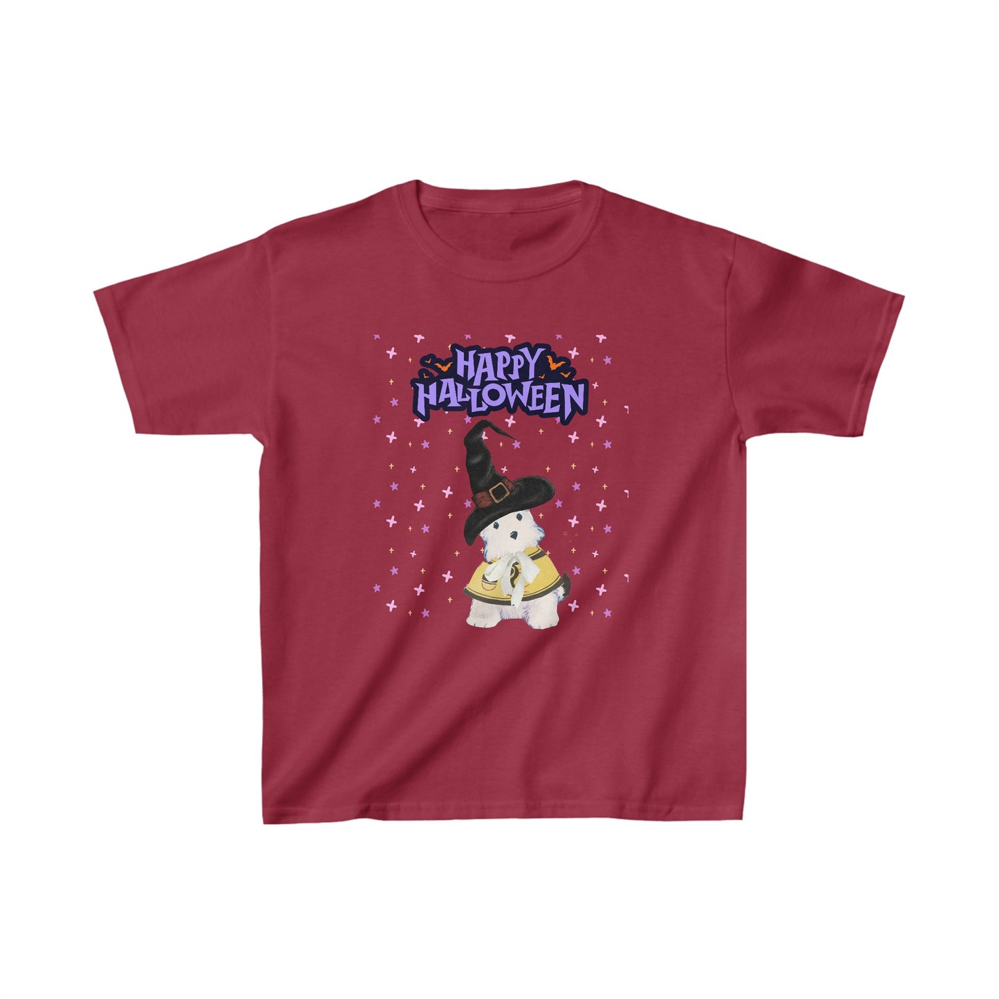 Kids' Halloween t-shirt featuring Bitsy the dog in a witch hat