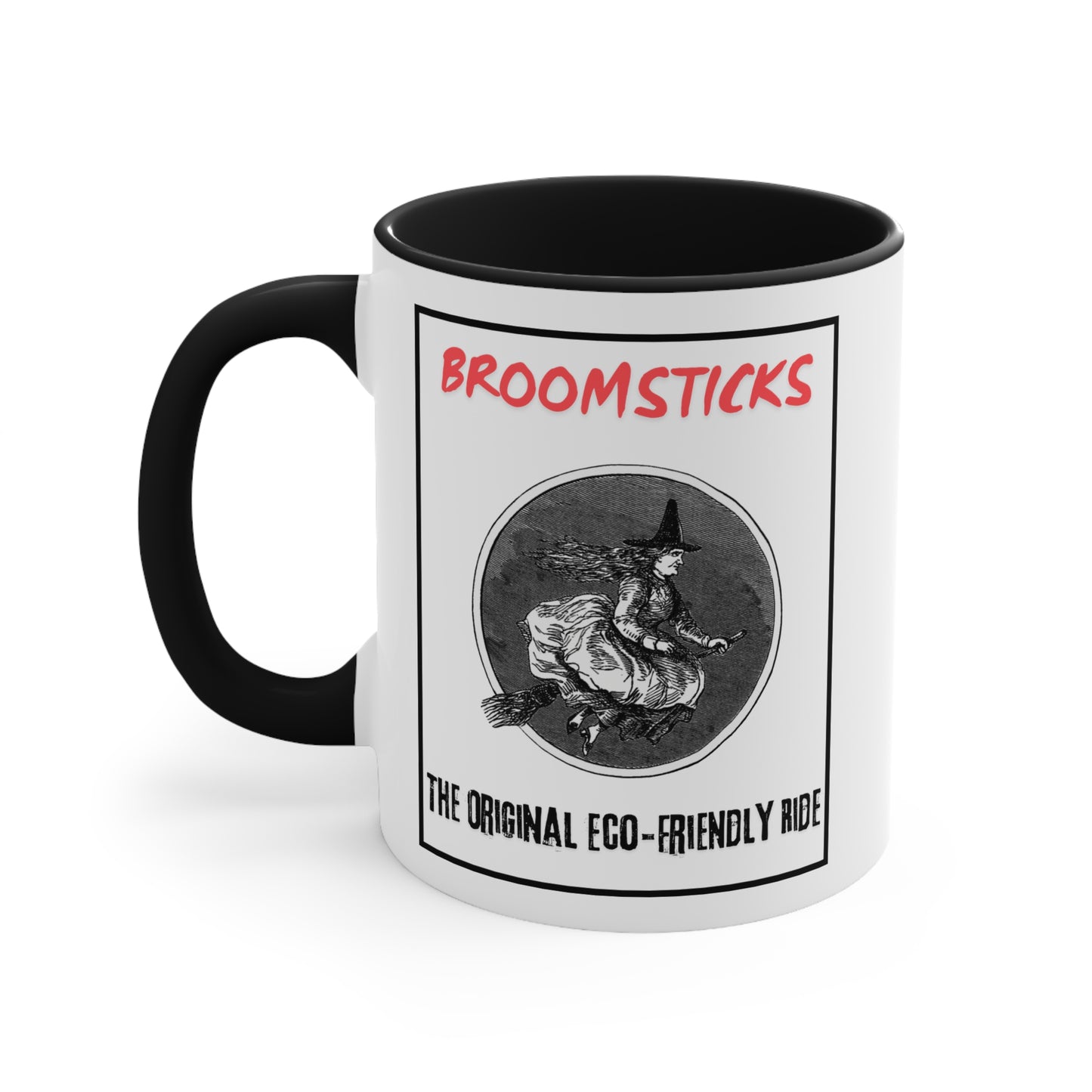 Black Interior: Side view of a white coffee mug with a black handle and interior, displaying a retro witch illustration and eco-friendly themed text.