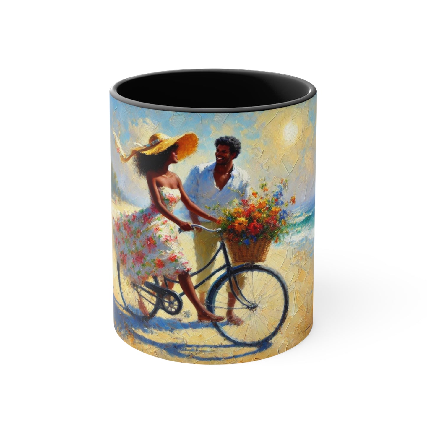 Romantic Beach Scene Coffee Mug | Couple on Bicycle with Floral Basket | Summer-Themed 11oz Ceramic Mug | Gift for Couples