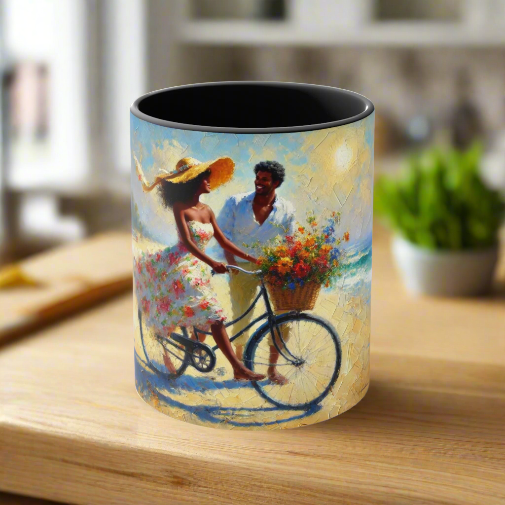 Artistic coffee mug featuring a romantic beach scene with a couple on a bicycle, a basket of colorful flowers, and a vibrant sunny background.