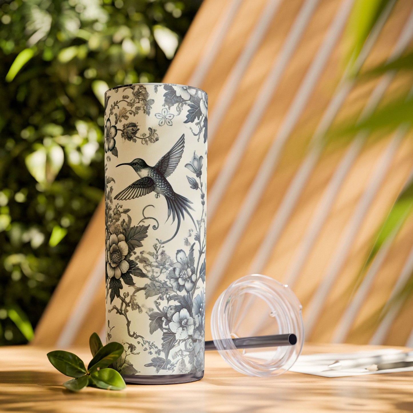 Blue & White Chinoiserie Hummingbird Tumbler | 20oz Maars Skinny Insulated Travel Mug with Lid & Straw | Elegant Floral Bird Design | Gift for Tea & Coffee Lovers