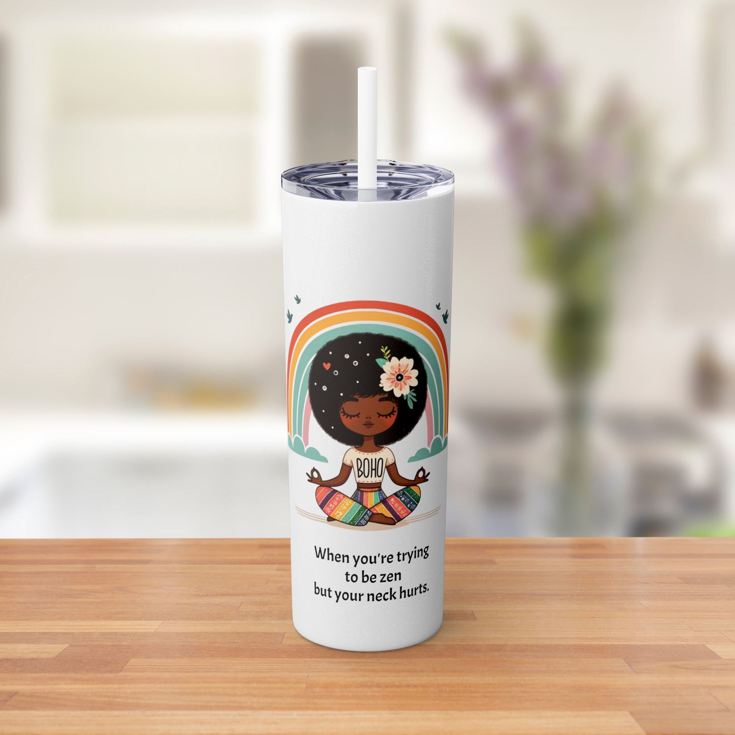 Front view of 20oz Zen Meditating Tumbler featuring a colorful rainbow and meditating figure with a flower in her hair, white background.