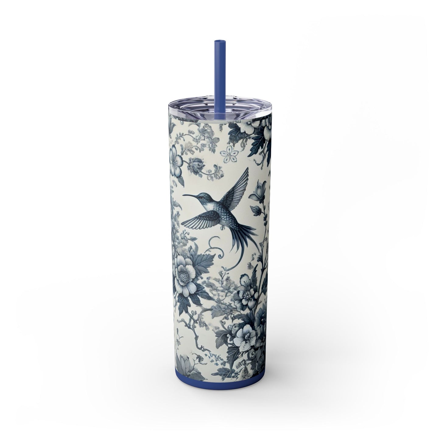 Blue & White Chinoiserie Hummingbird Tumbler | 20oz Maars Skinny Insulated Travel Mug with Lid & Straw | Elegant Floral Bird Design | Gift for Tea & Coffee Lovers