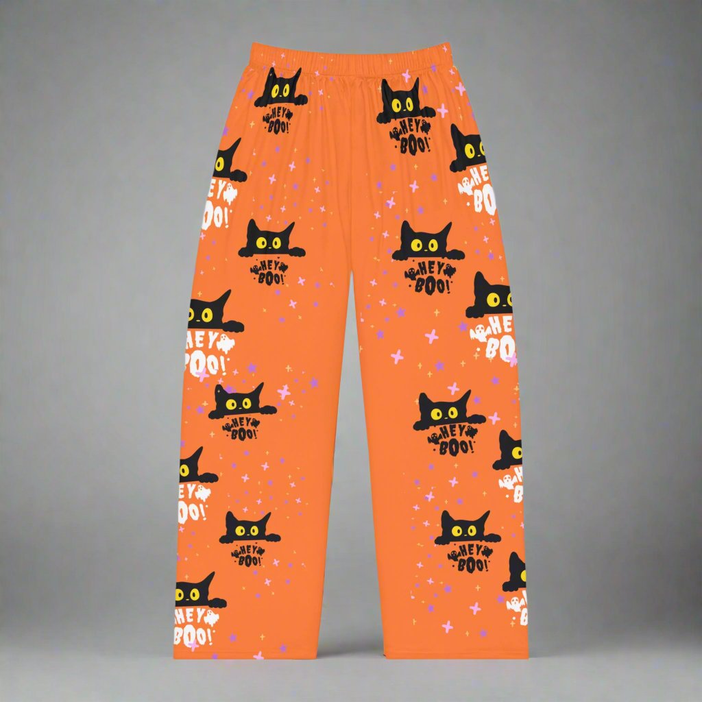 Hey Boo black cat women's Halloween pajama pants with orange background, comfortable sleepwear