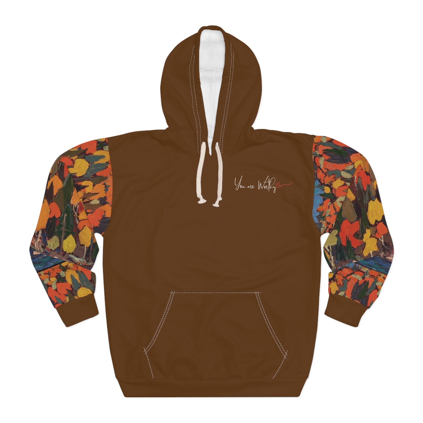 Front view of the autumn foliage hoodie featuring “You are Worthy” text and vibrant foliage print sleeves.