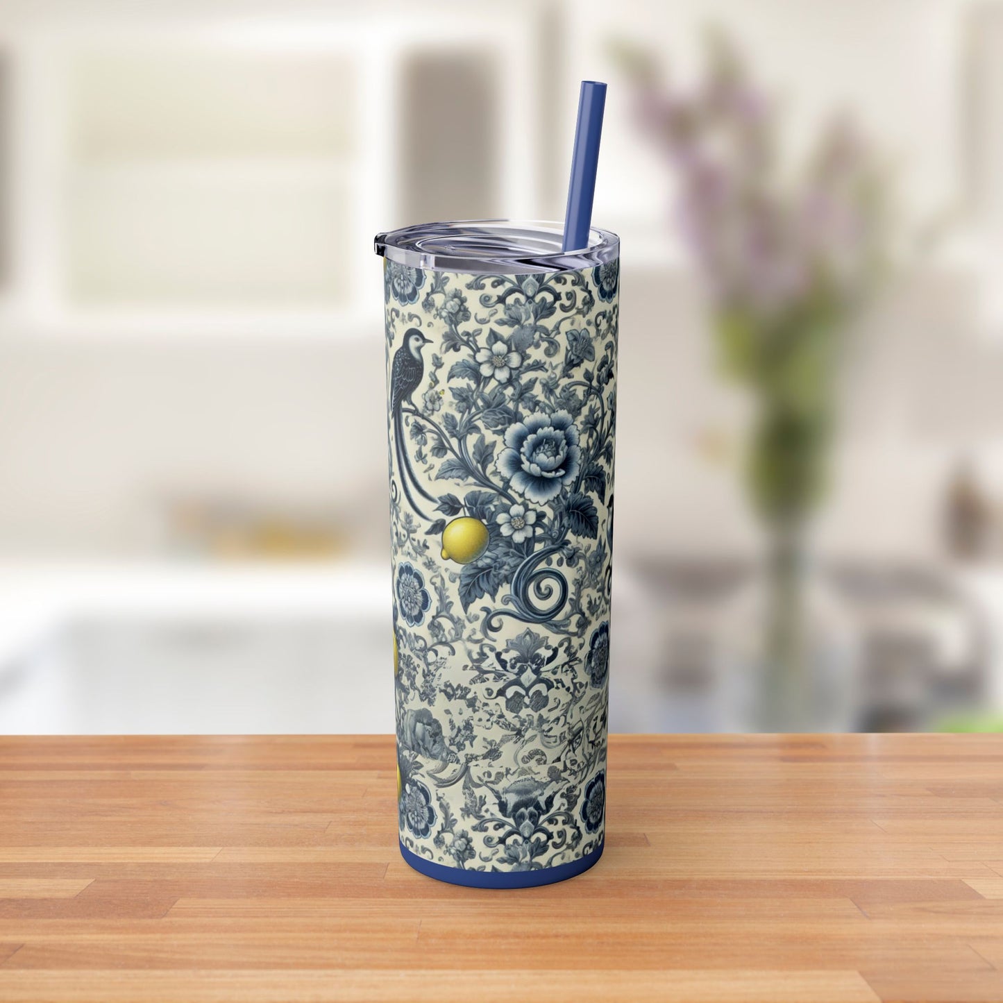Blue Chinoiserie Lemon Tumbler | 20oz Insulated Travel Cup | Vintage Botanical Birds & Lemons | Includes Straw & Lid