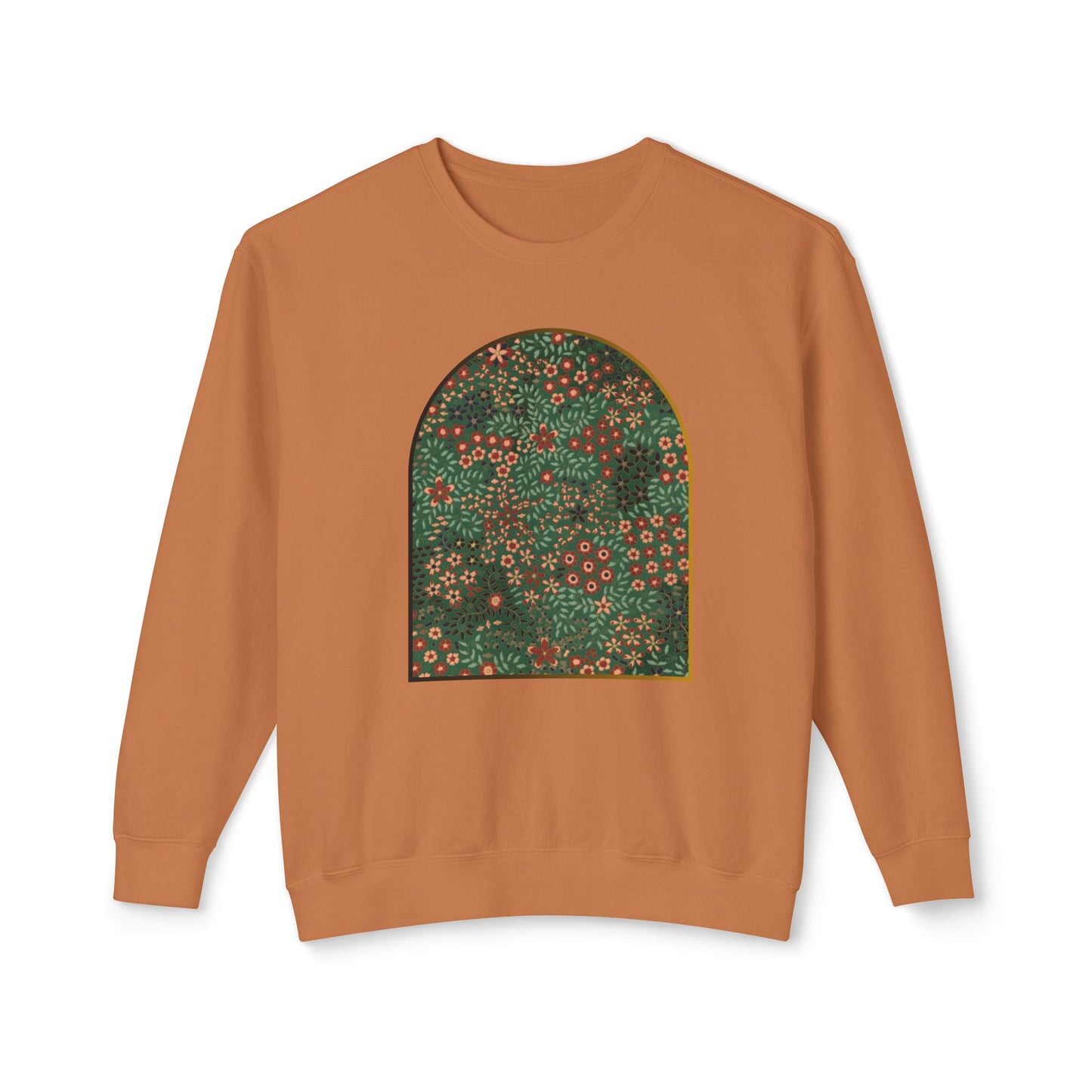 Unisex crewneck sweatshirt featuring a vibrant floral garden design with lush botanical patterns.