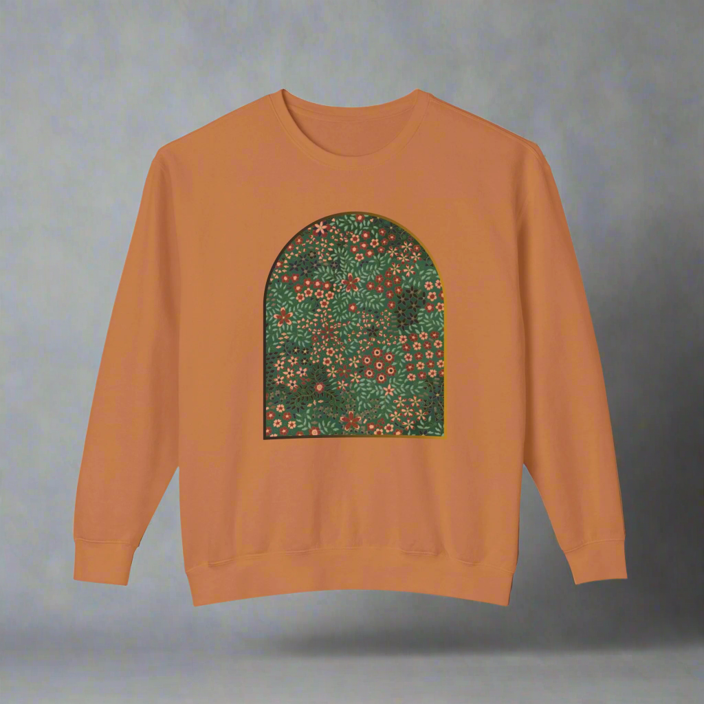 Unisex crewneck sweatshirt featuring a vibrant floral garden design with lush botanical patterns.
