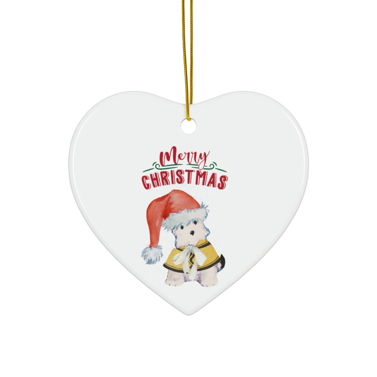 Heart shaped ceramic Christmas ornament featuring an adorable puppy named Bitsy wearing a Santa hat and a yellow coat, with the text 'Merry Christmas' in festive red and green font. The ornament is hung by a gold string.